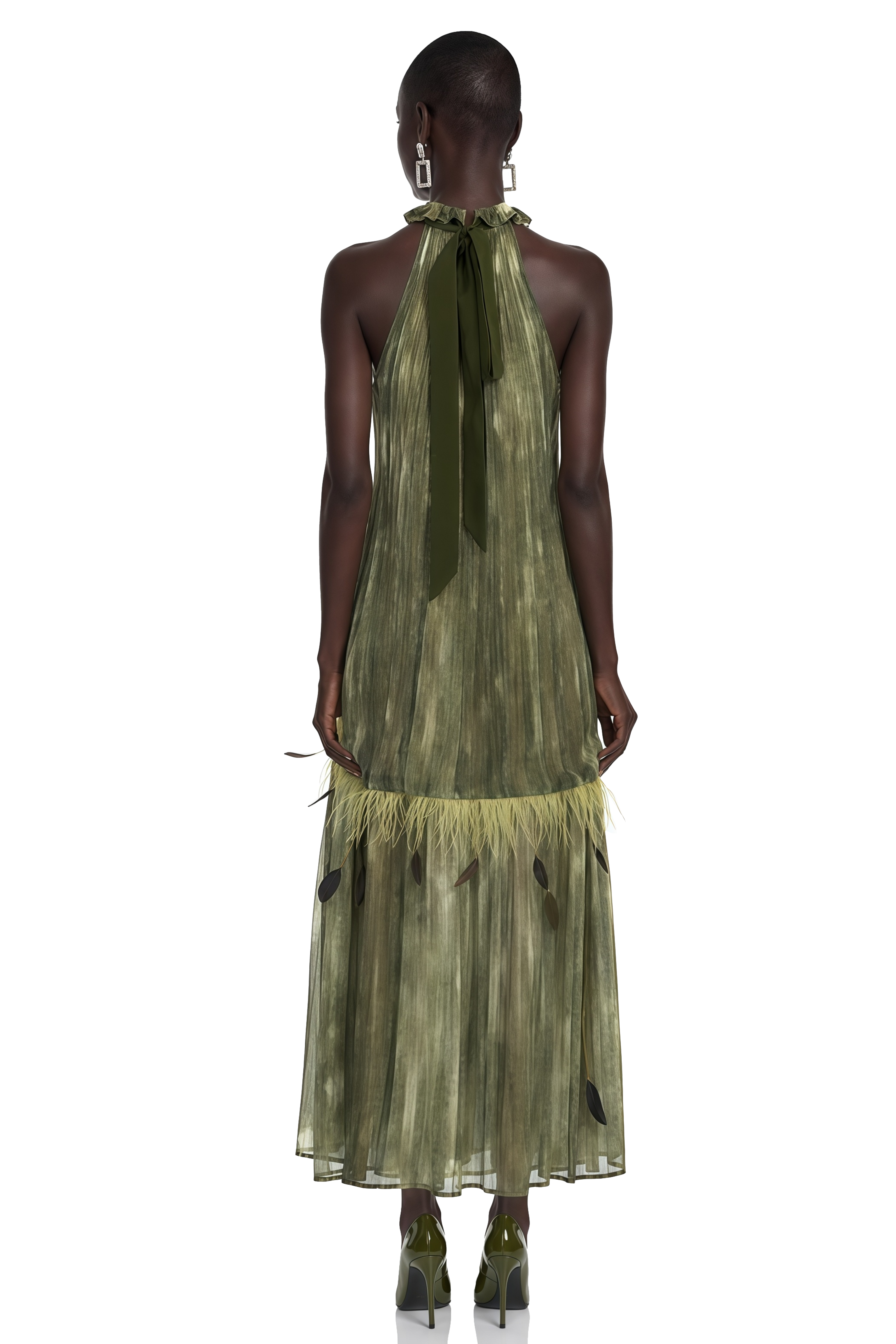 Areta Green Pleated Maxi Dress with Feather Trim