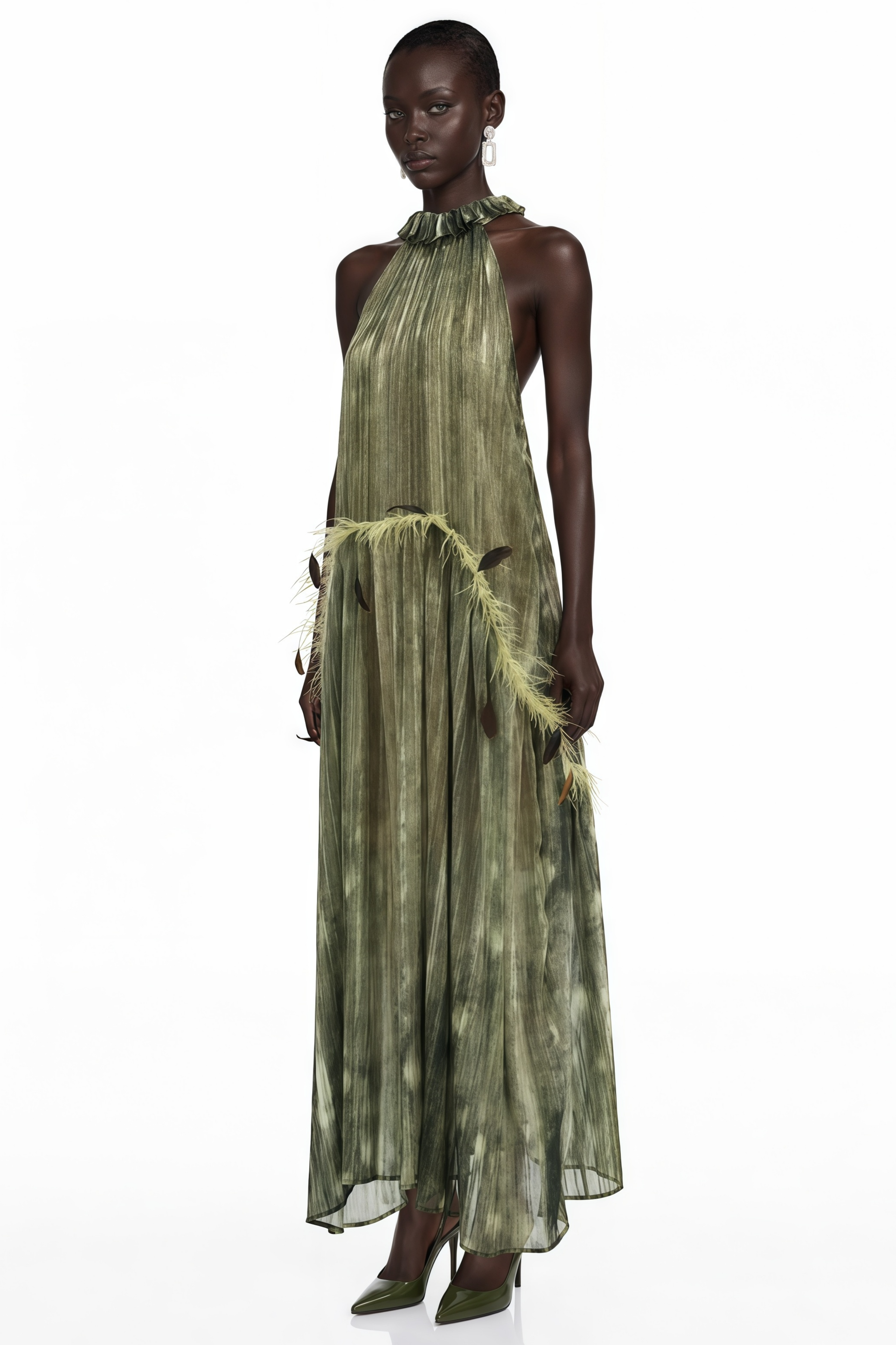 Olive green halter maxi dress with a ruffled neckline and feather trim