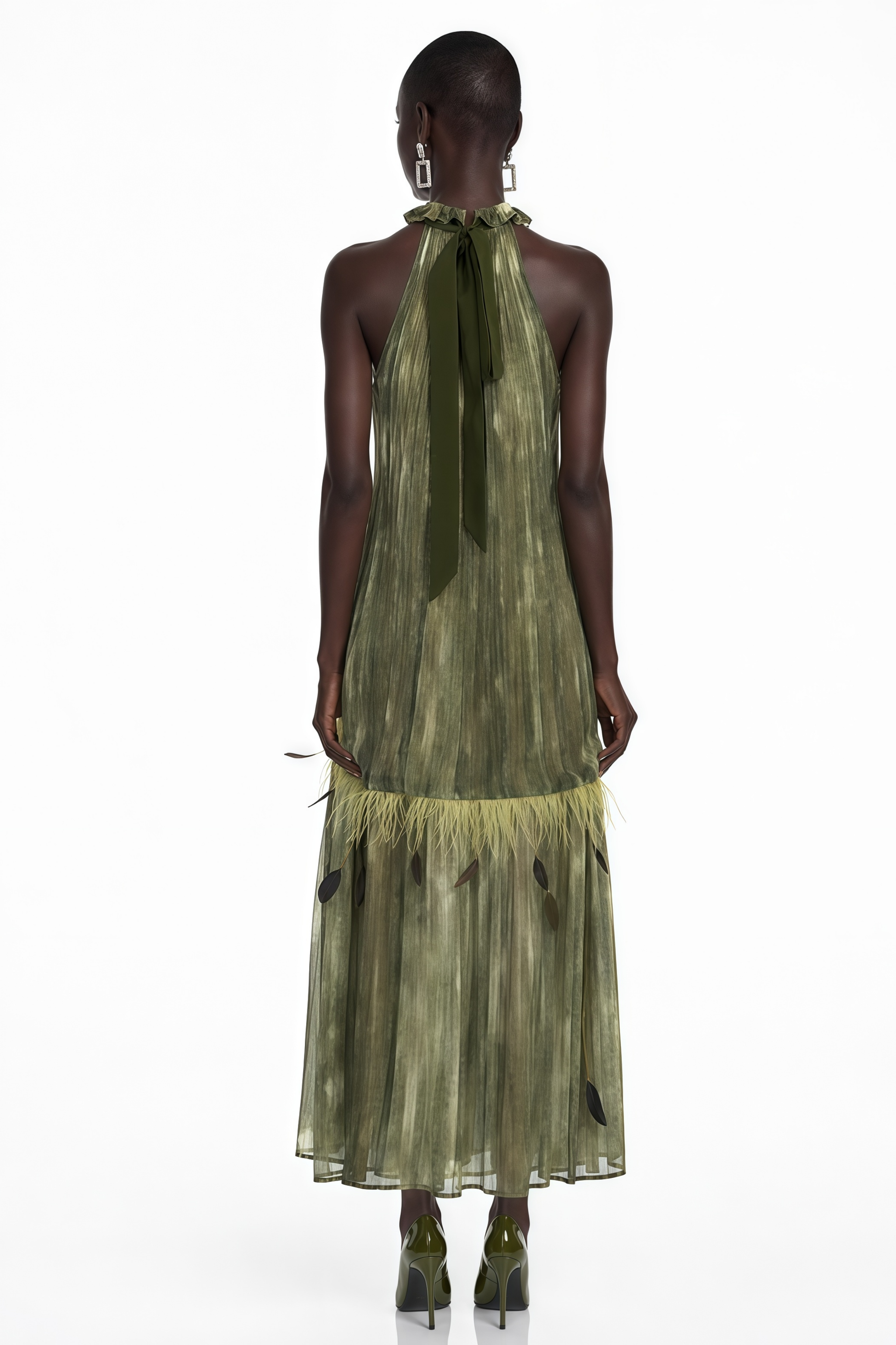 Olive green halter maxi dress with a ruffled neckline and feather trim
