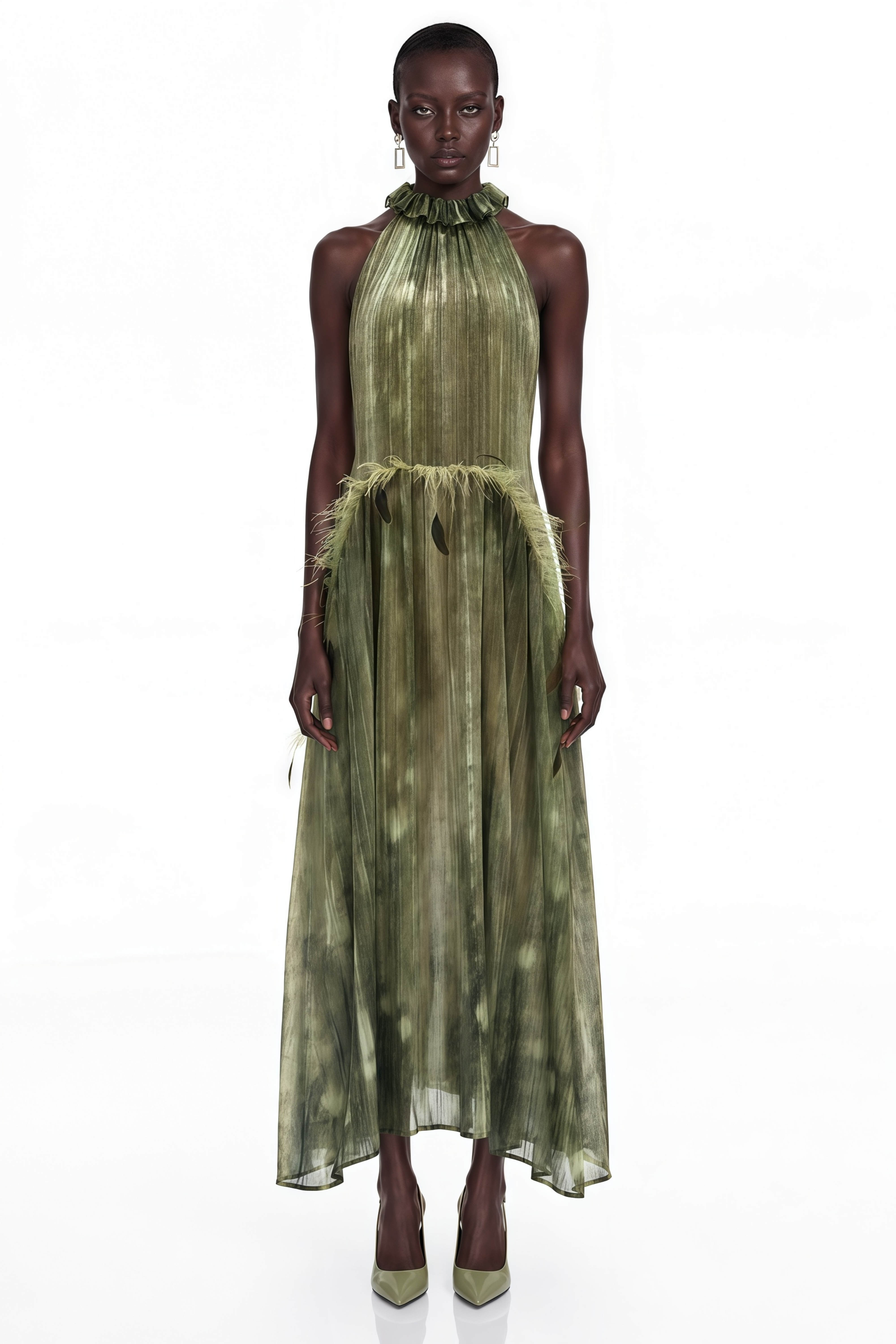 Olive green halter maxi dress with a ruffled neckline and feather trim