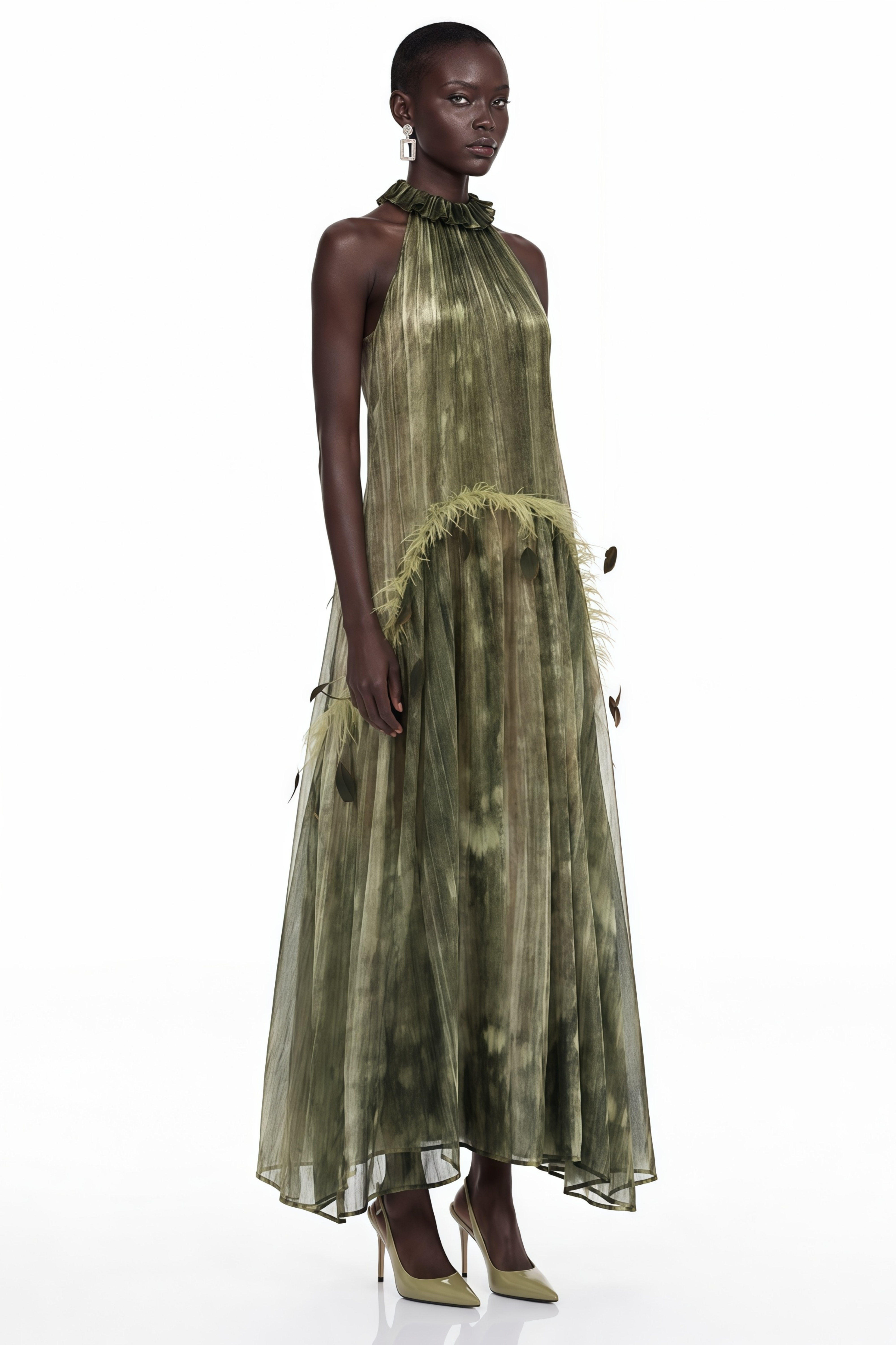 Olive green halter maxi dress with a ruffled neckline and feather trim