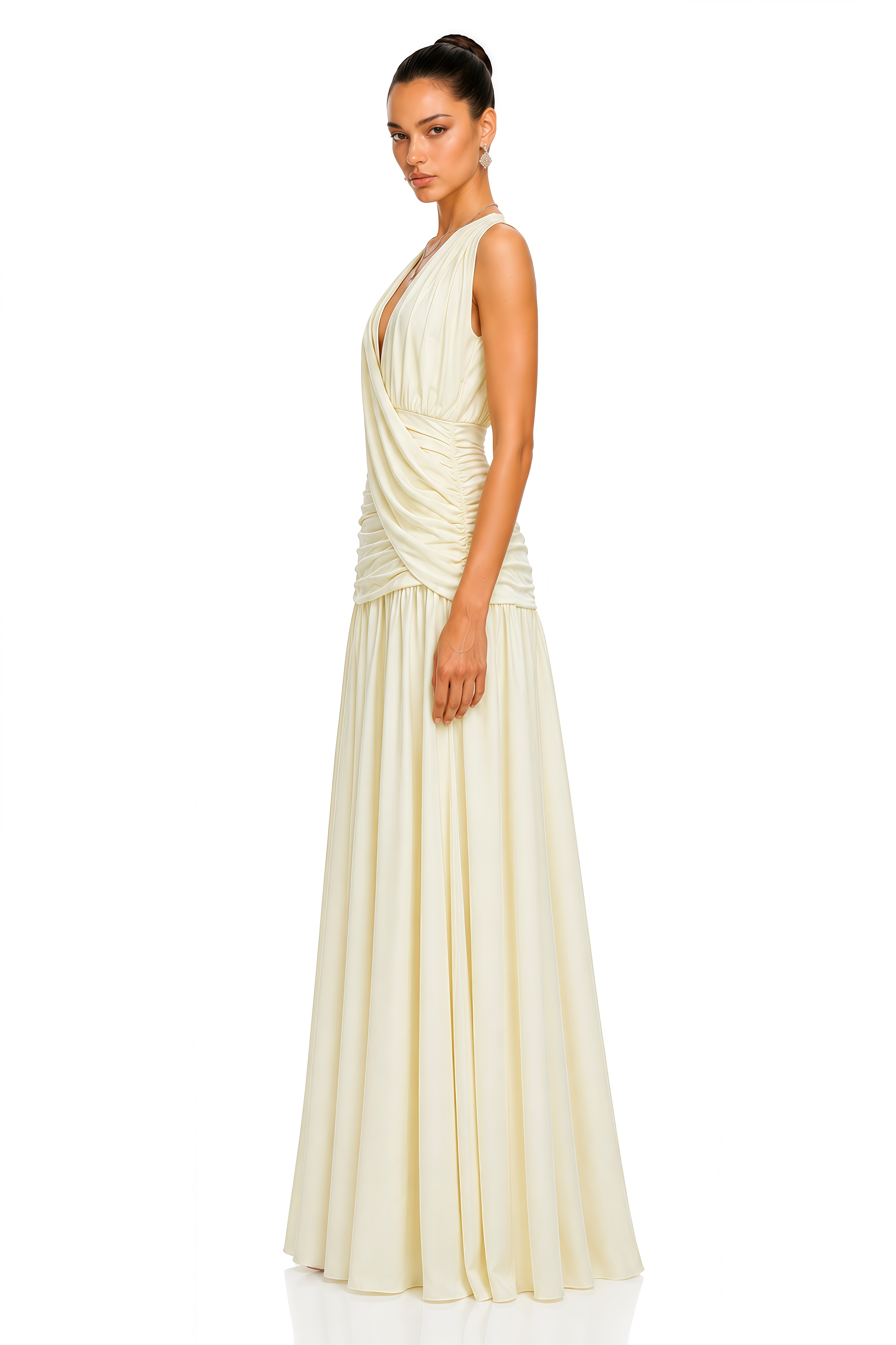 Aria Cream V-Neck Ruched Maxi Dress