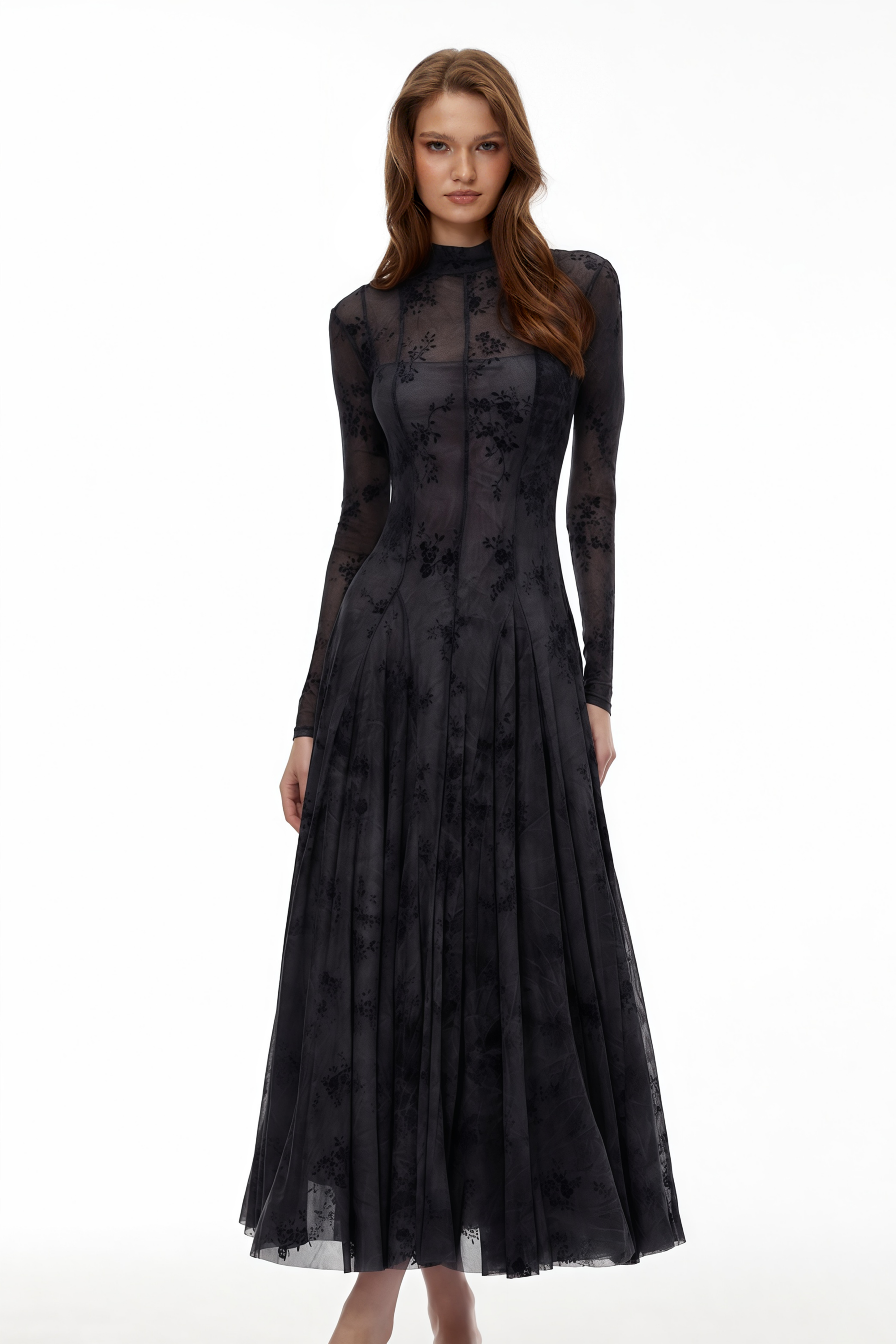 Ariadne Black Flocked Tulle Maxi Dress