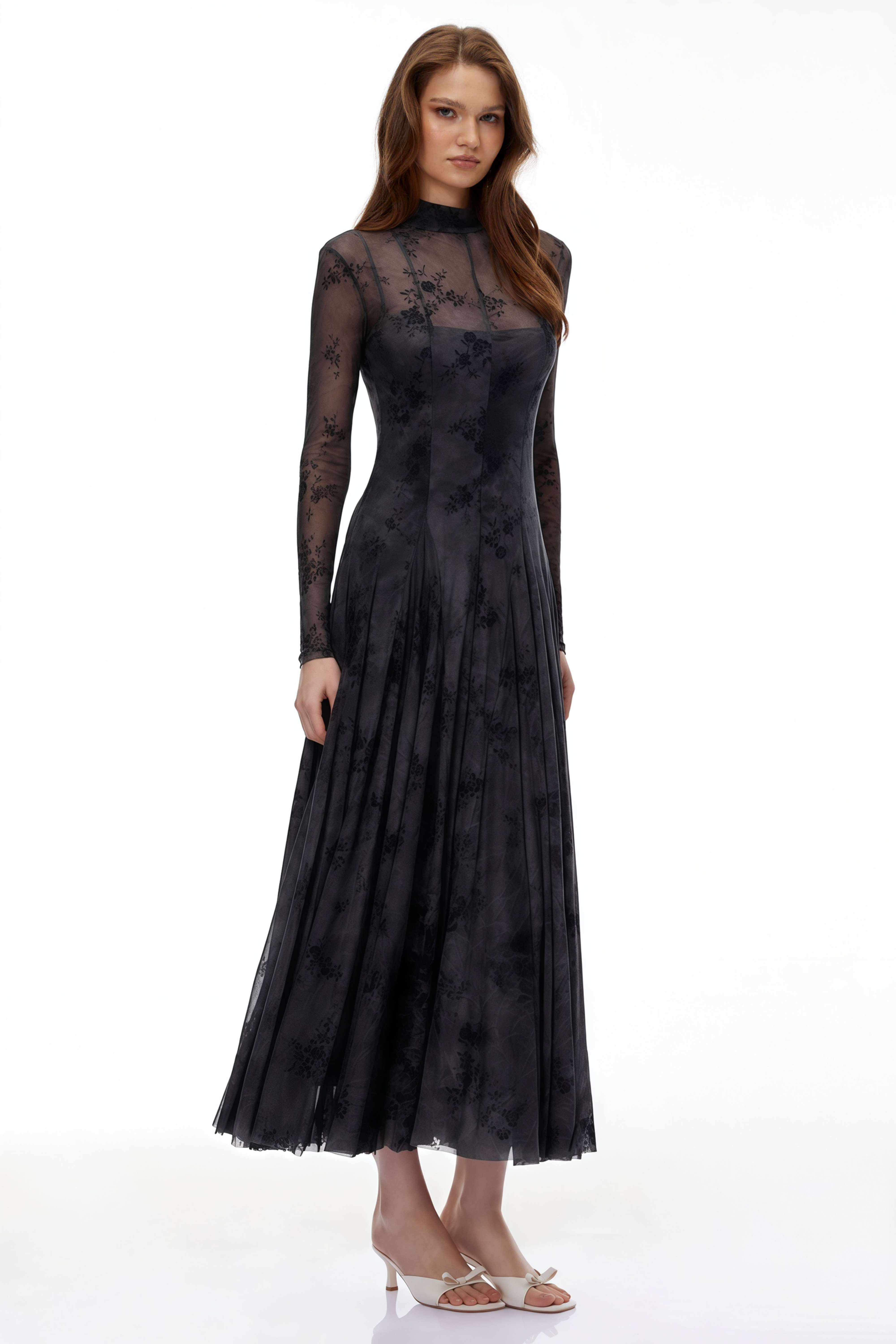 Ariadne Black Flocked Tulle Maxi Dress