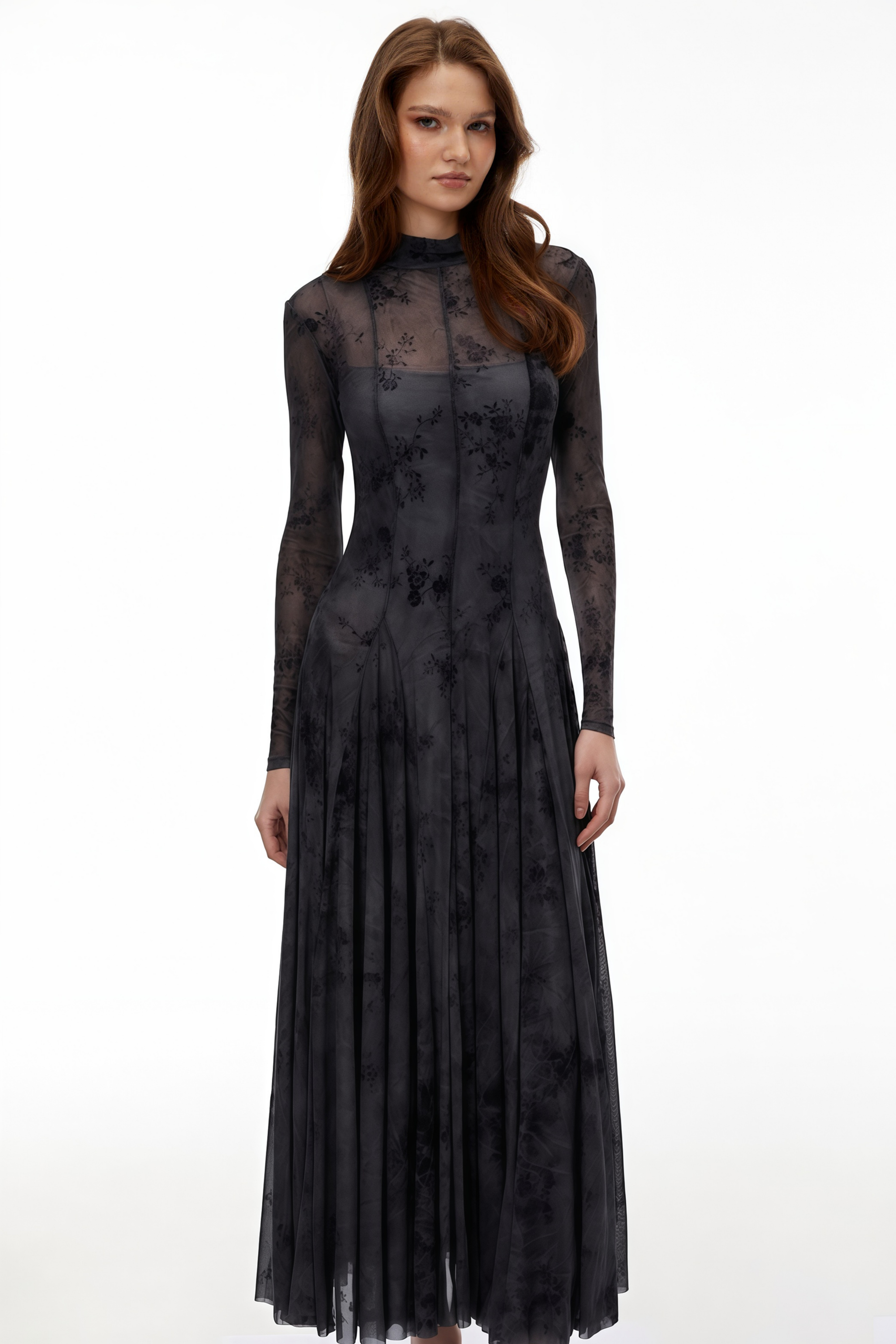 Ariadne Black Flocked Tulle Maxi Dress