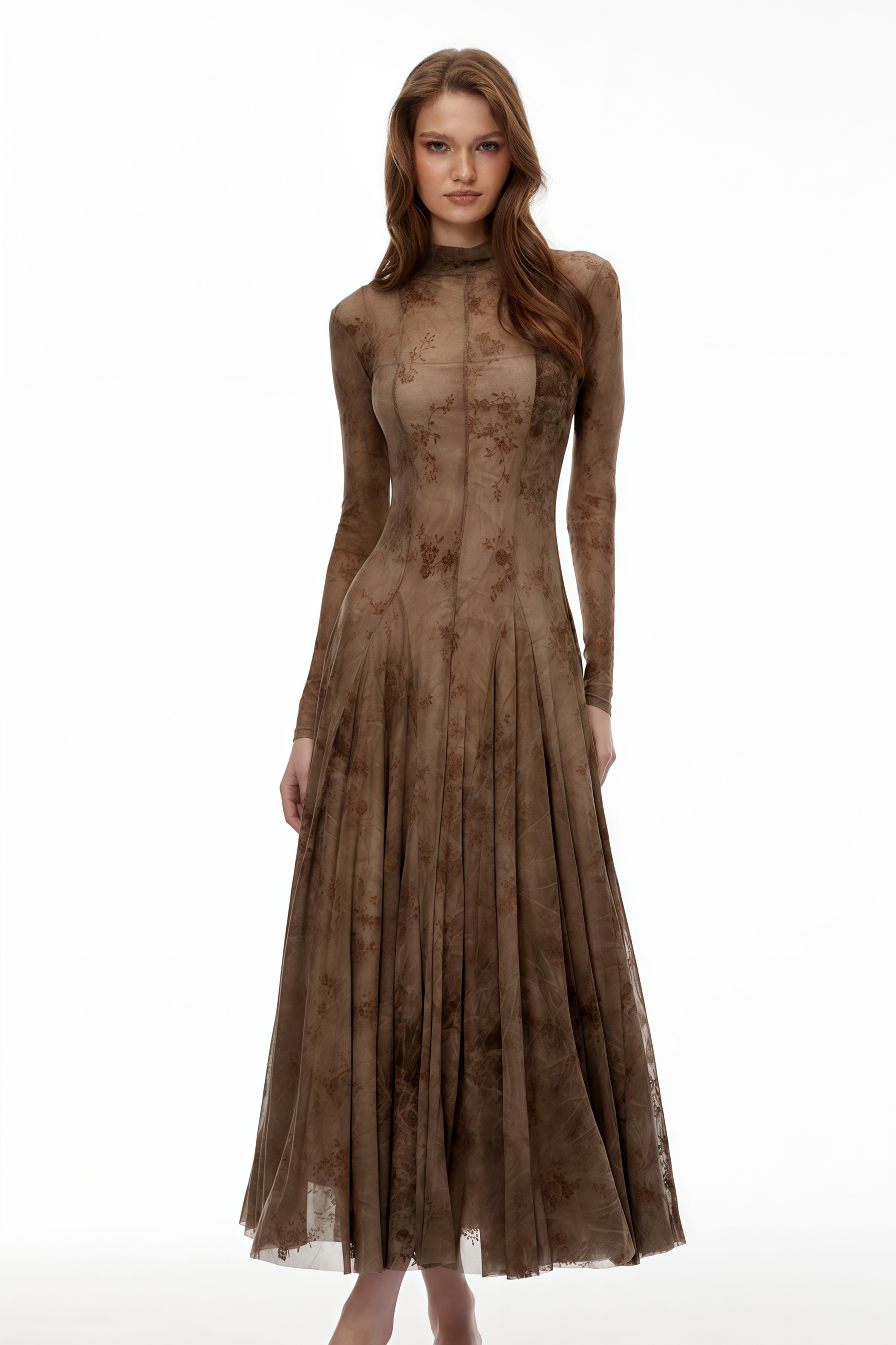 Ariadne Brown Flocked Tulle Maxi Dress