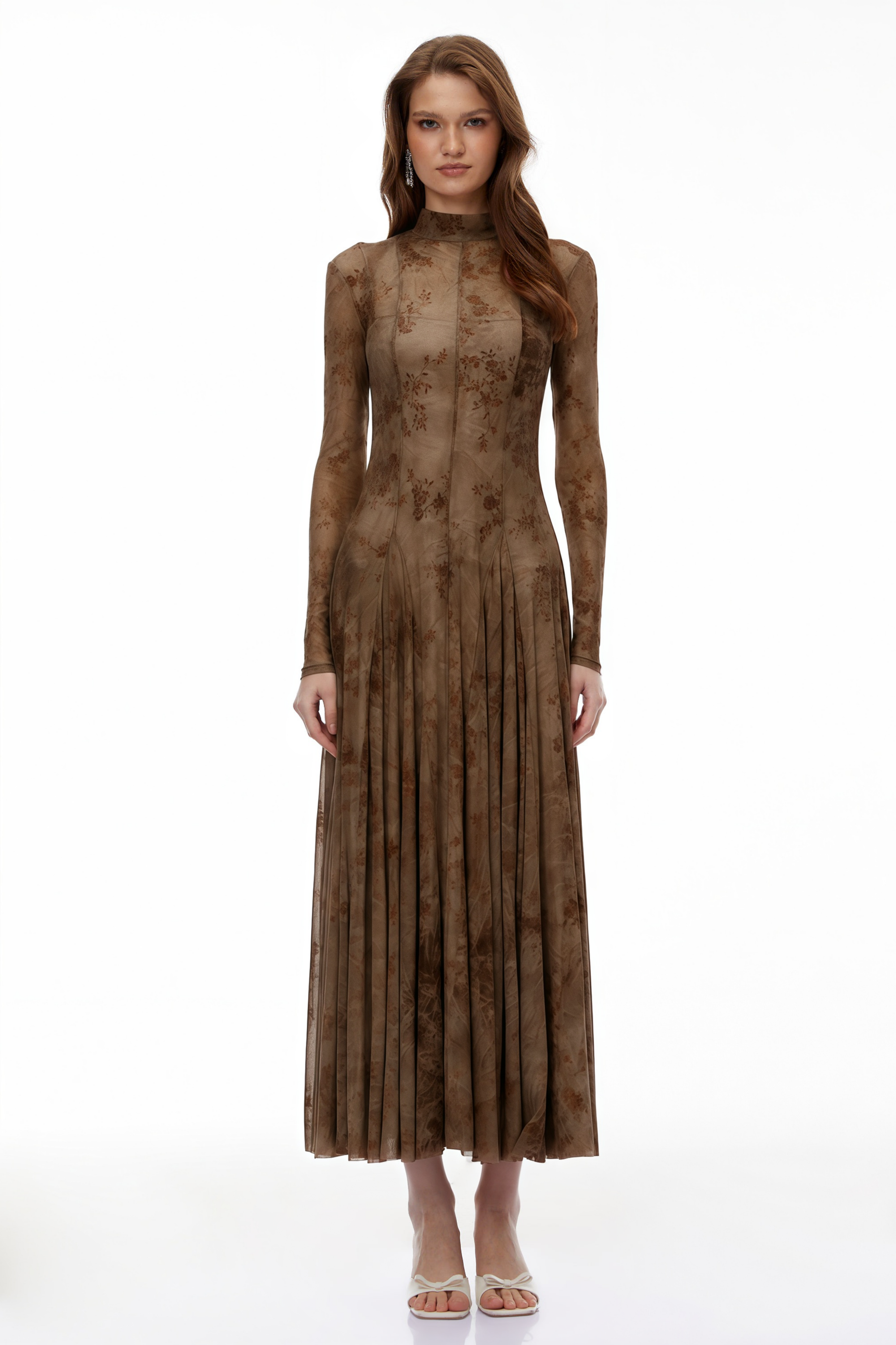 Ariadne Brown Flocked Tulle Maxi Dress