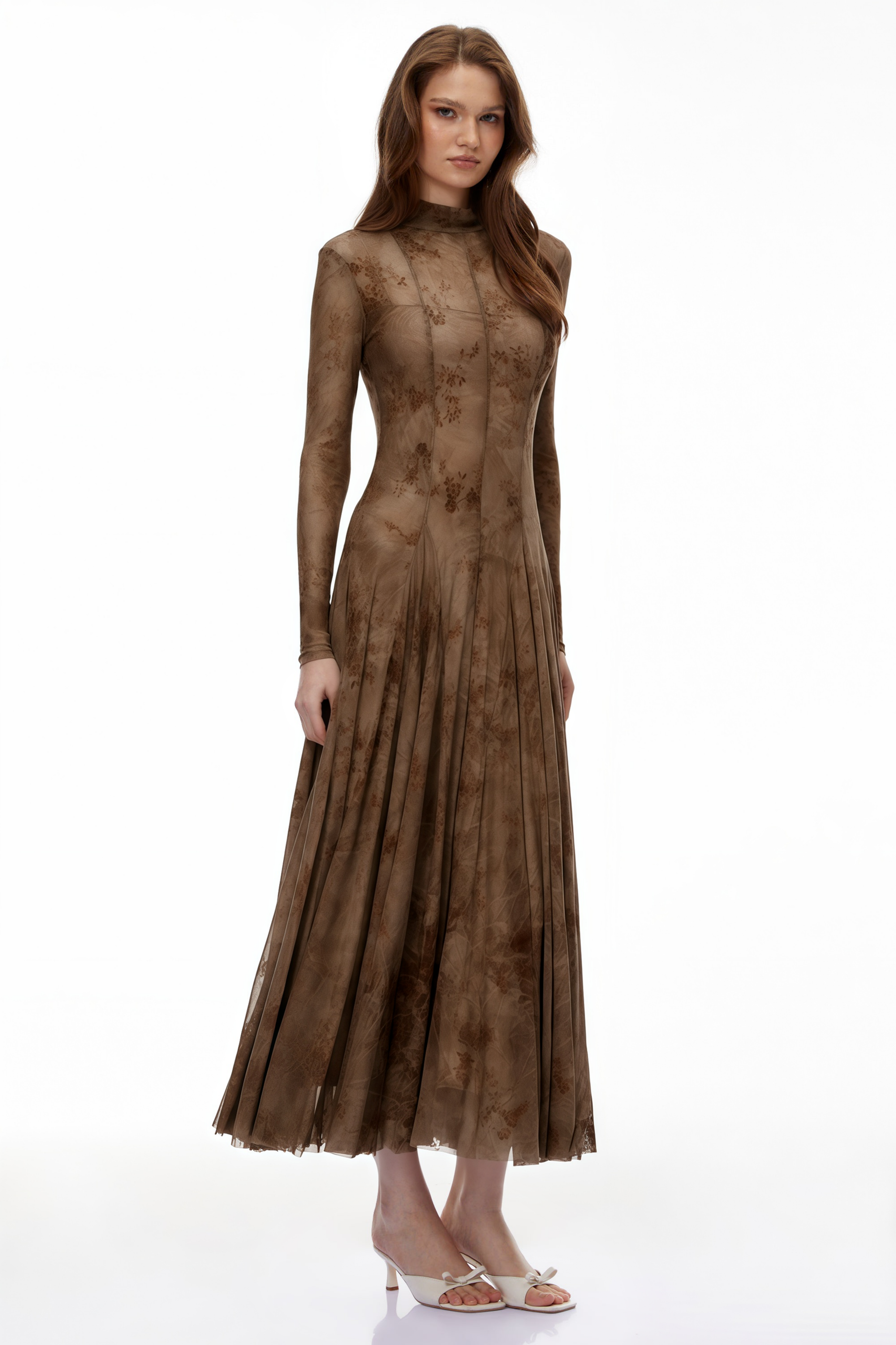Ariadne Brown Flocked Tulle Maxi Dress
