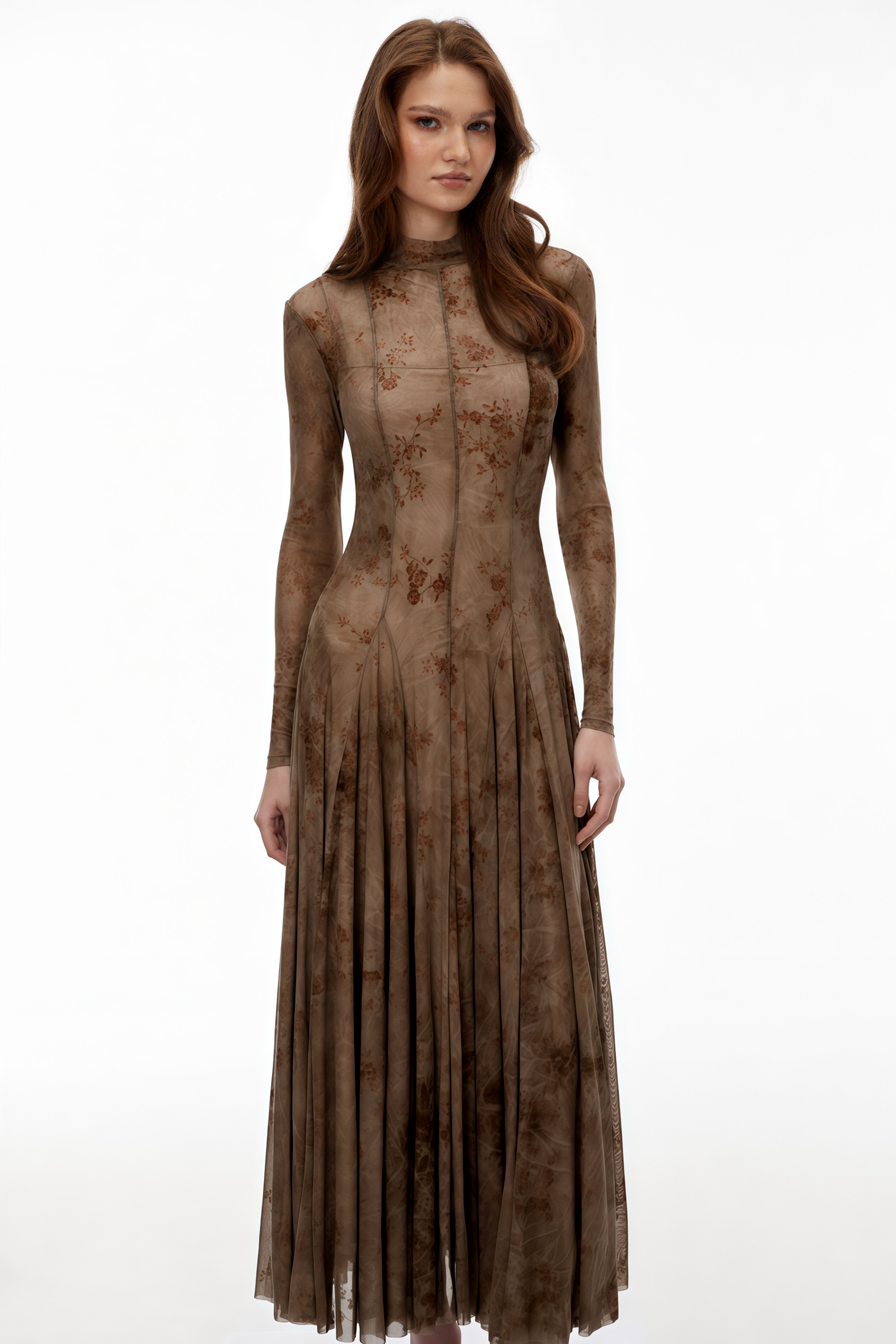 Ariadne Brown Flocked Tulle Maxi Dress