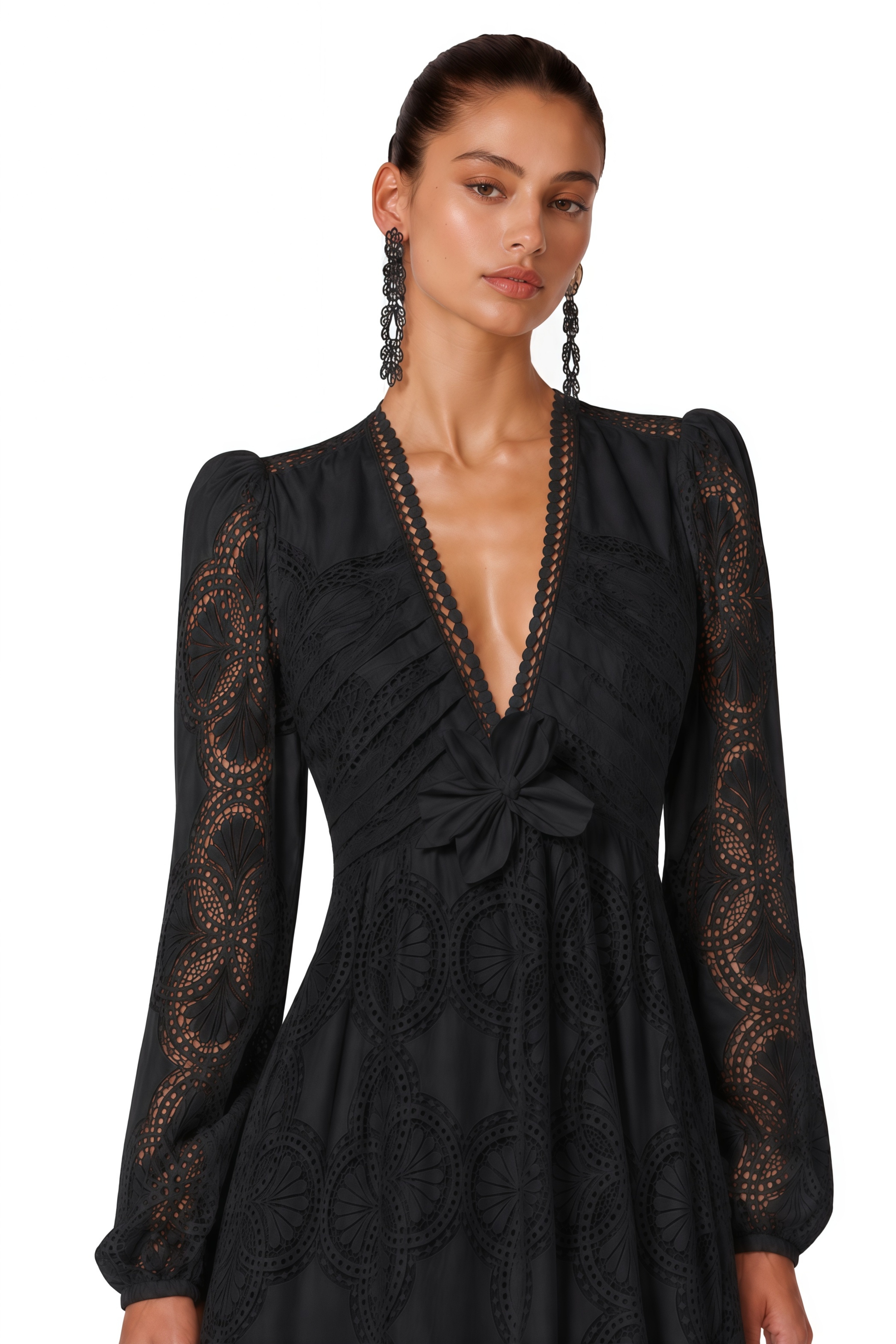 Ariane Black Faux-Floral Embellished Lace Midi Dress