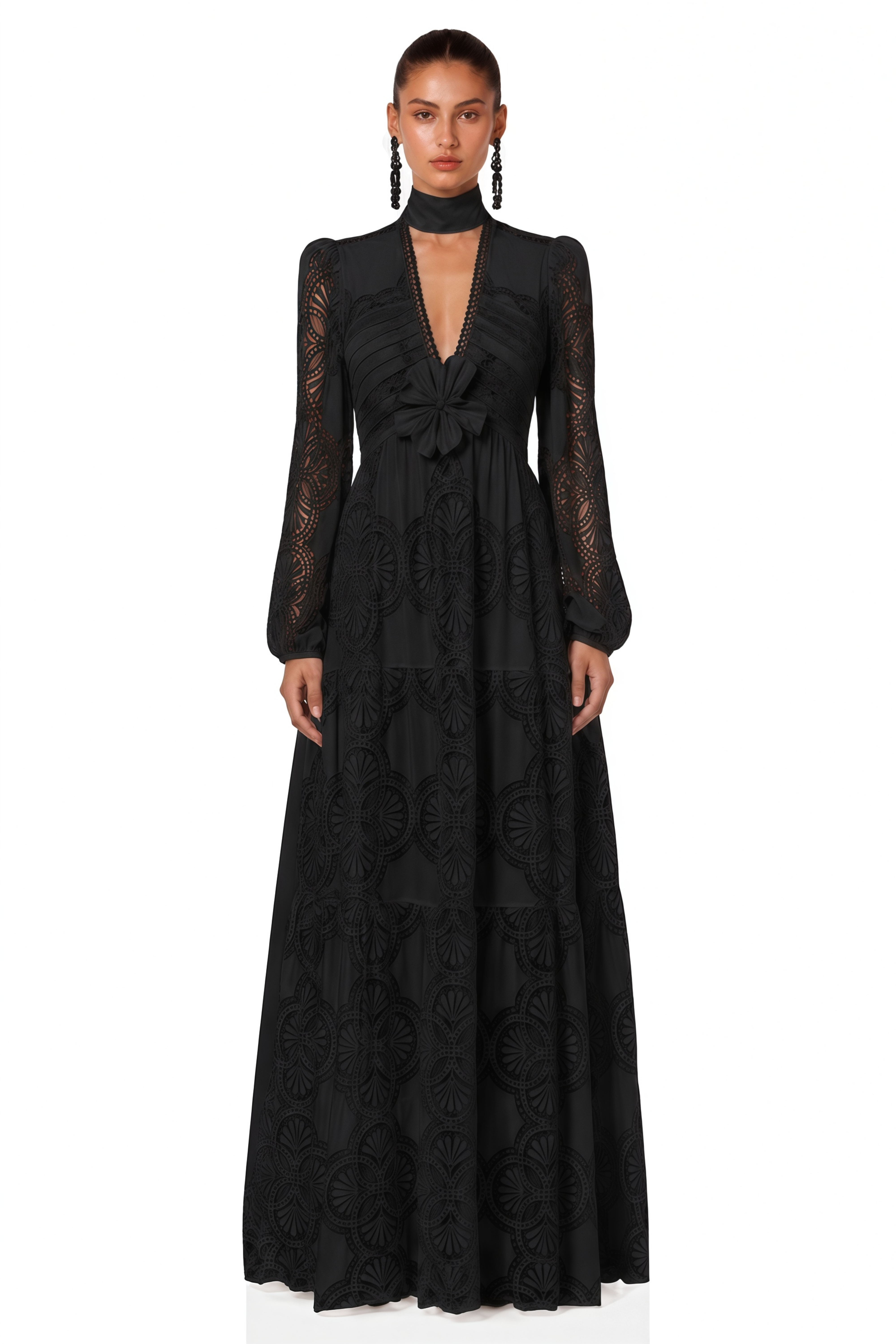 Ariane Black Faux-Floral Embellished Lace Midi Dress