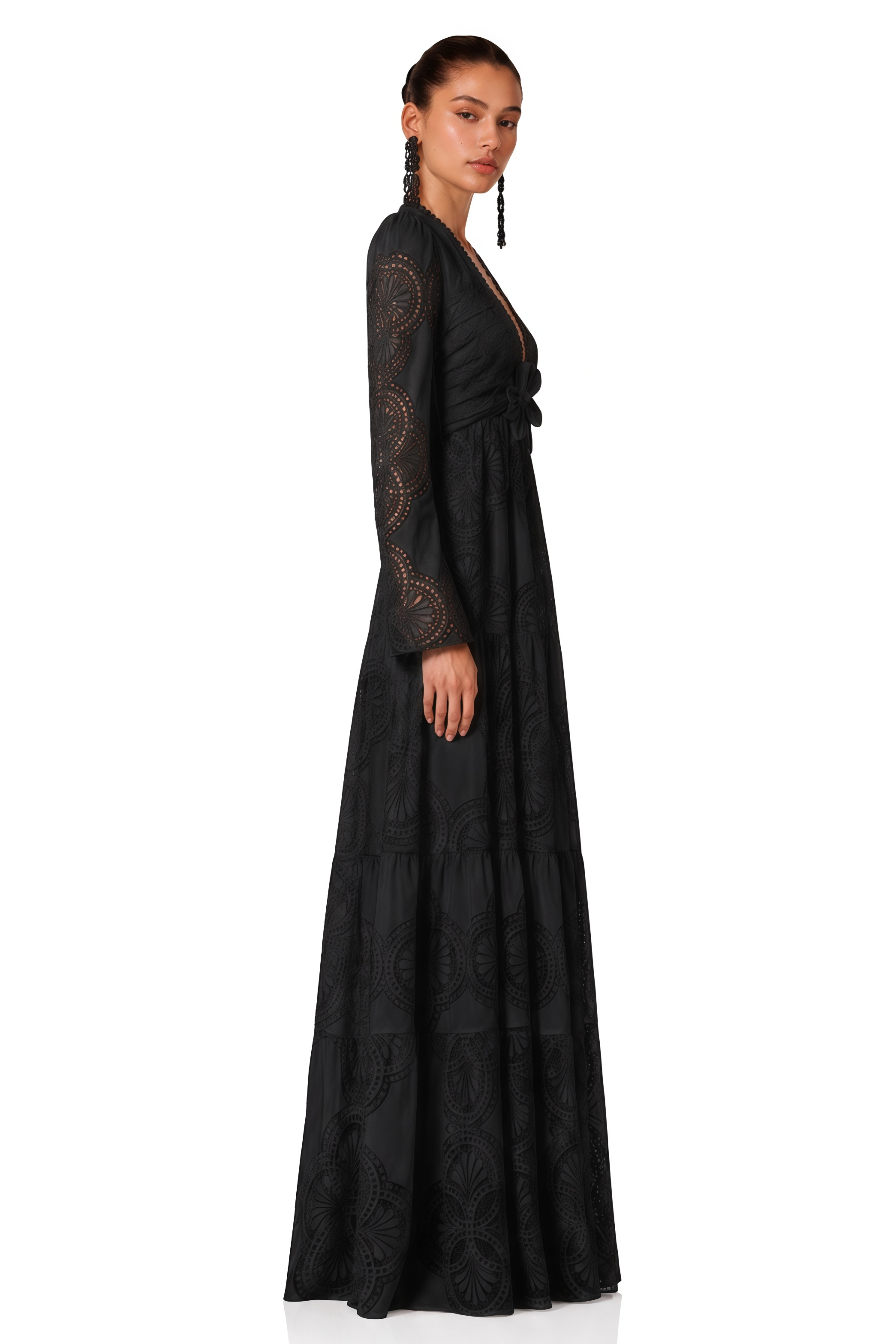 Ariane Black Faux-Floral Embellished Lace Midi Dress