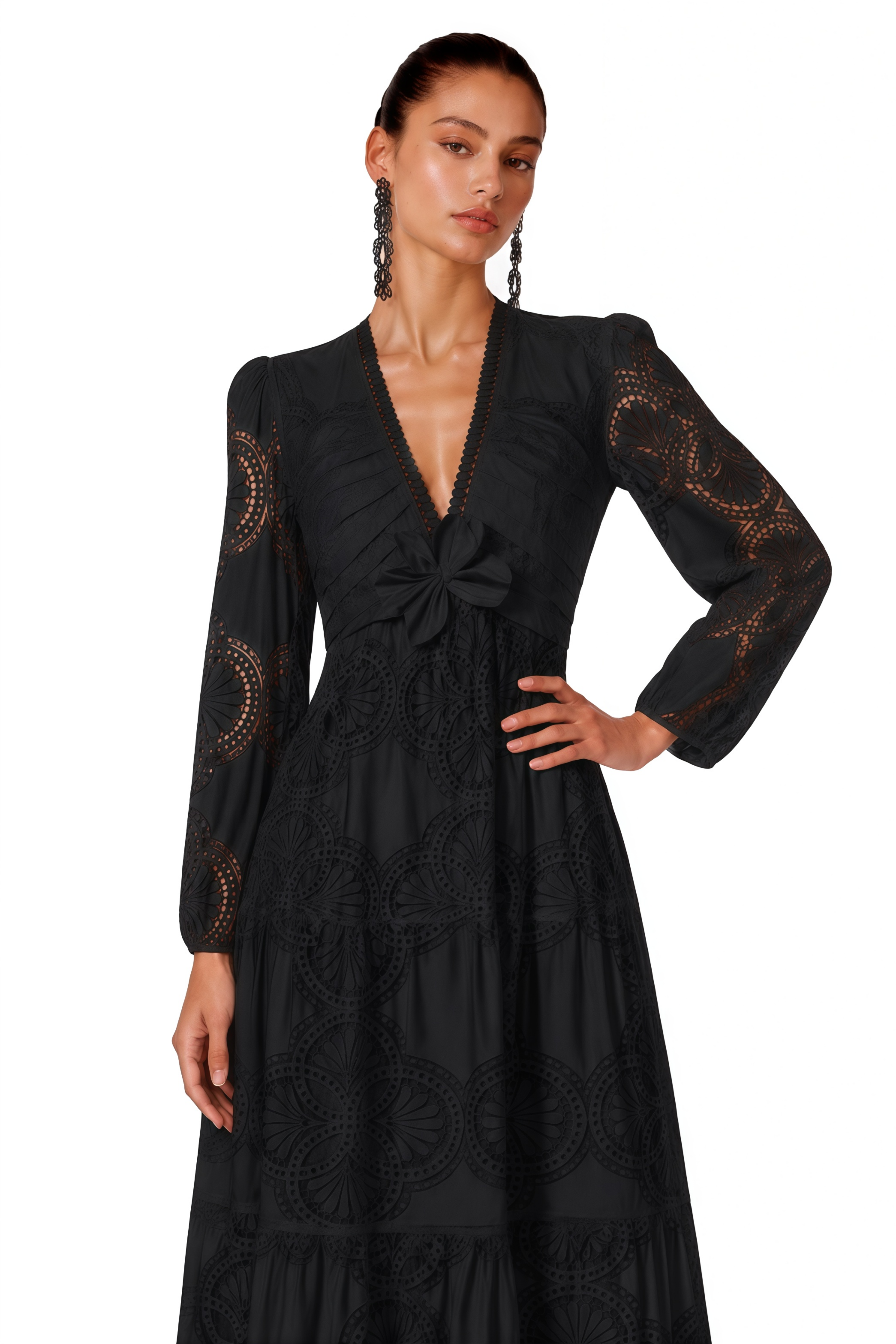 Ariane Black Faux-Floral Embellished Lace Midi Dress