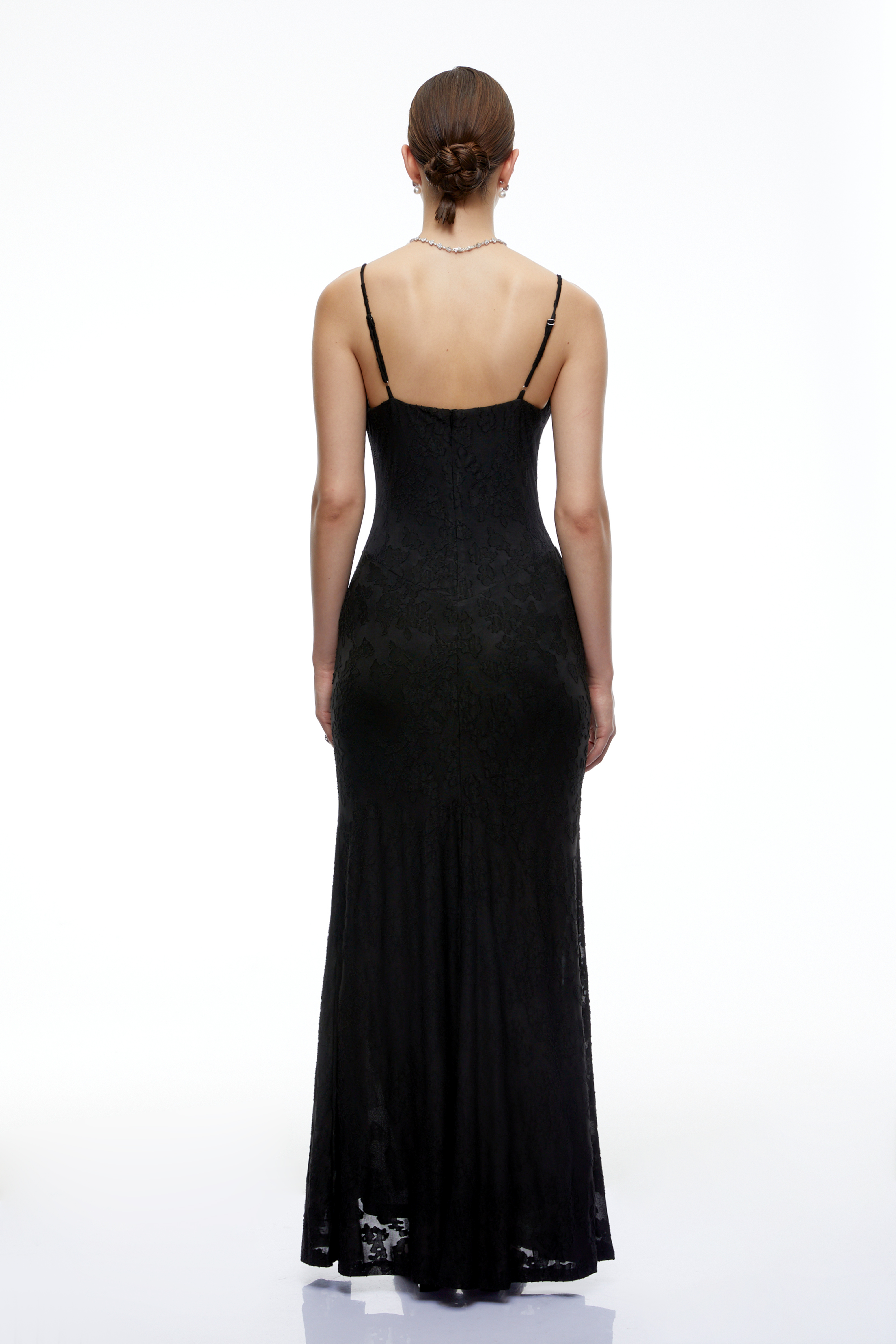 Arianell Black Lace Ruched Slit Maxi Dress