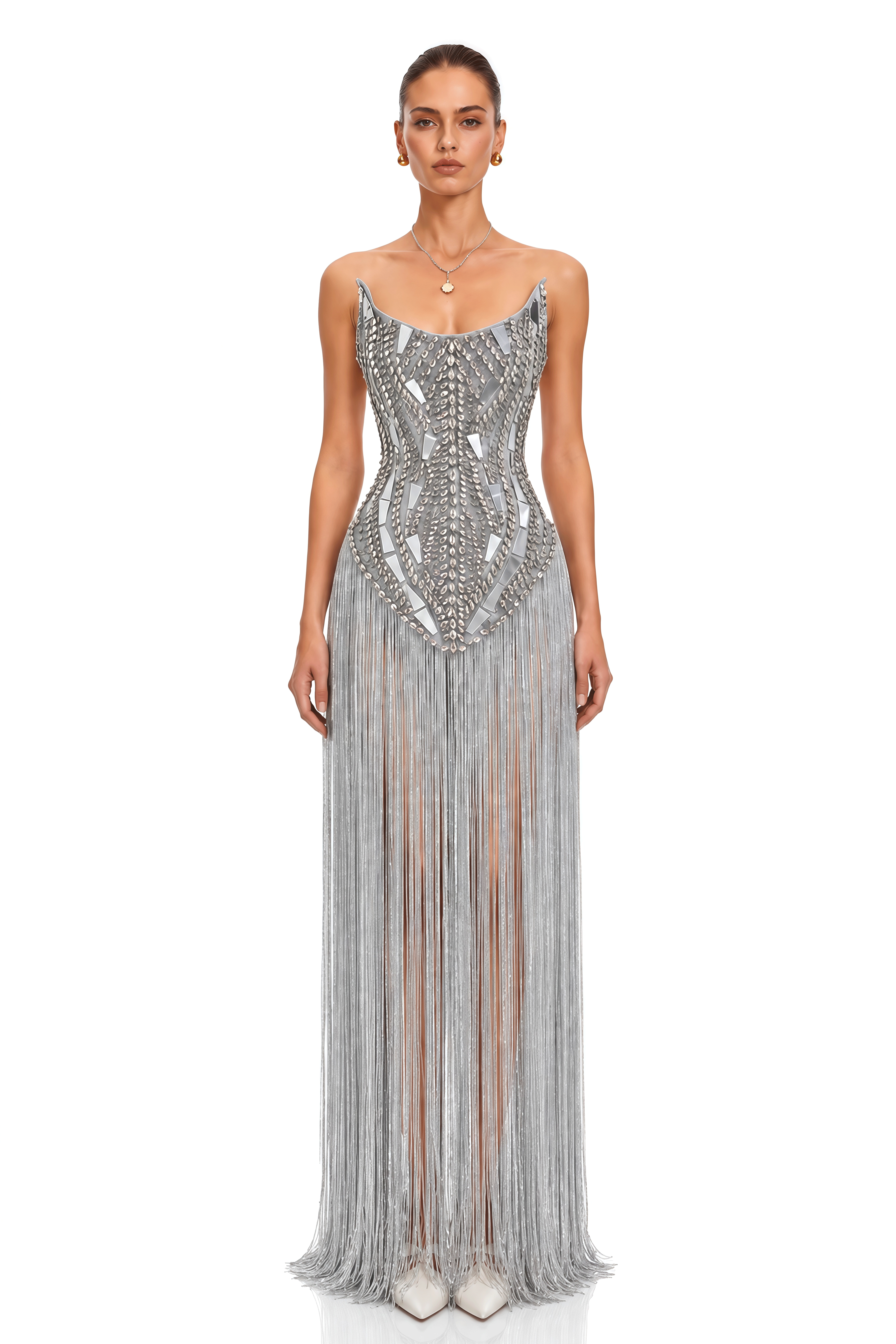 Arietta Silver Off Shoulder Bodycon Maxi Gown with Fringe