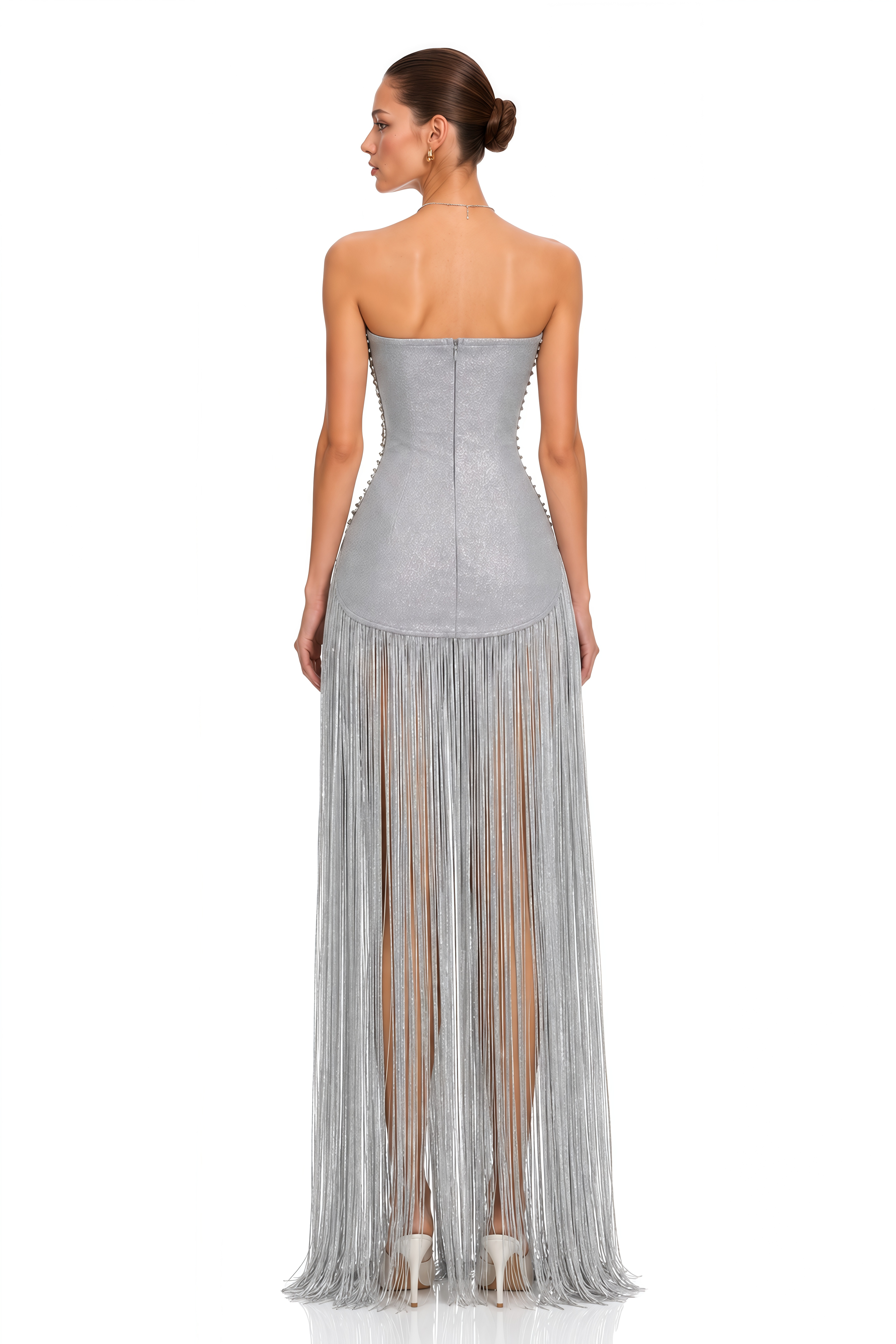 Arietta Silver Off Shoulder Bodycon Maxi Gown with Fringe