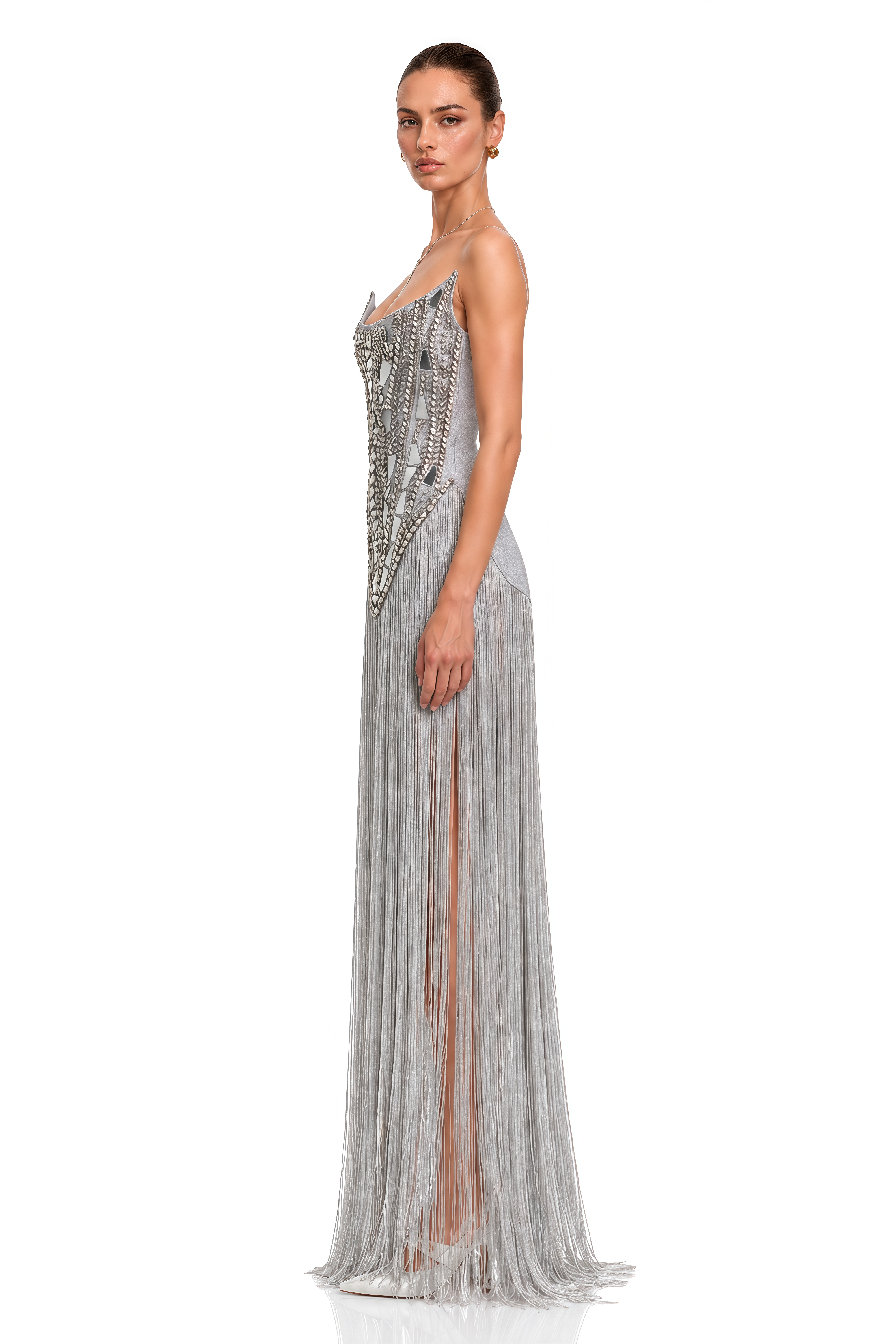 Arietta Silver Off Shoulder Bodycon Maxi Gown with Fringe