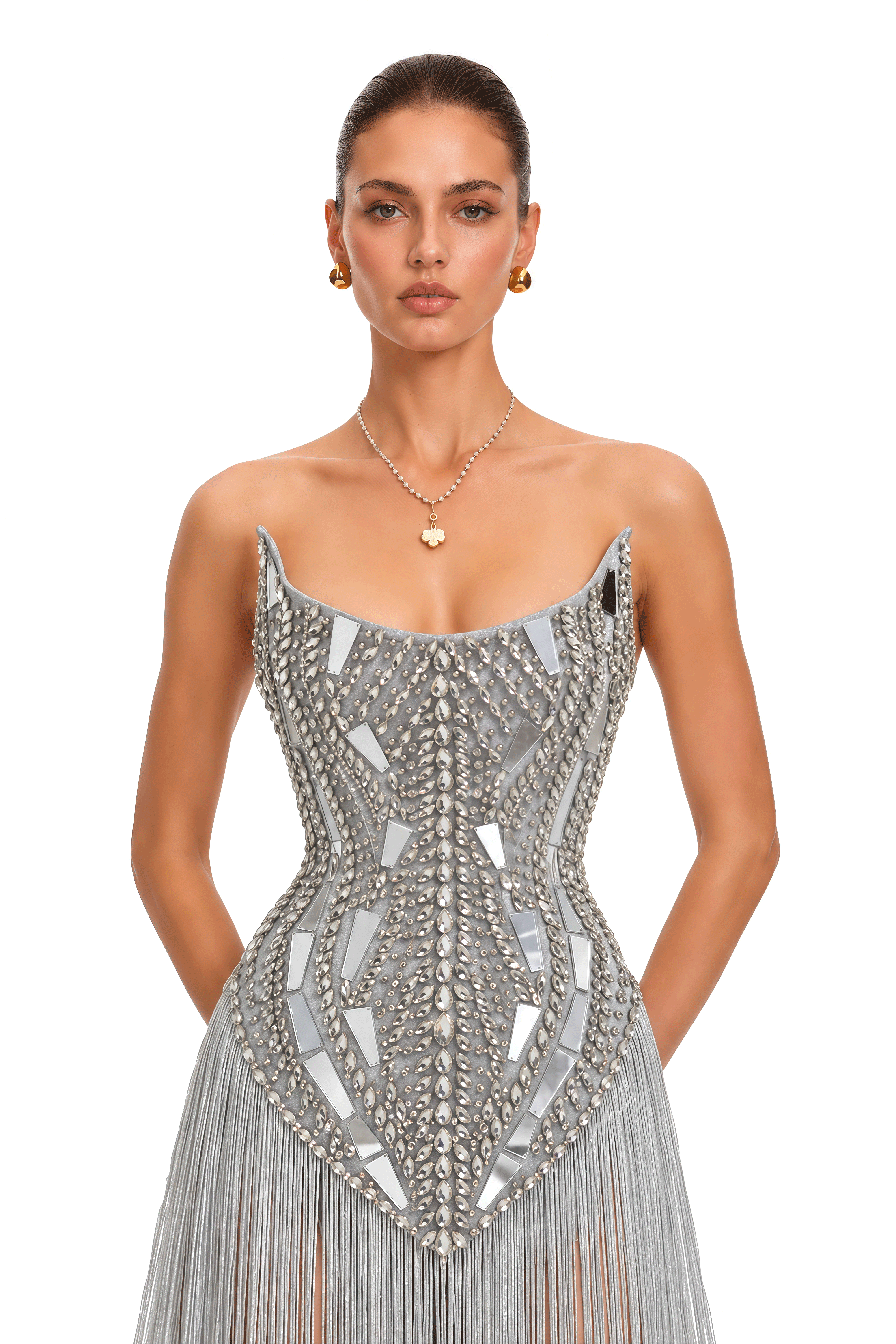 Arietta Silver Off Shoulder Bodycon Maxi Gown with Fringe