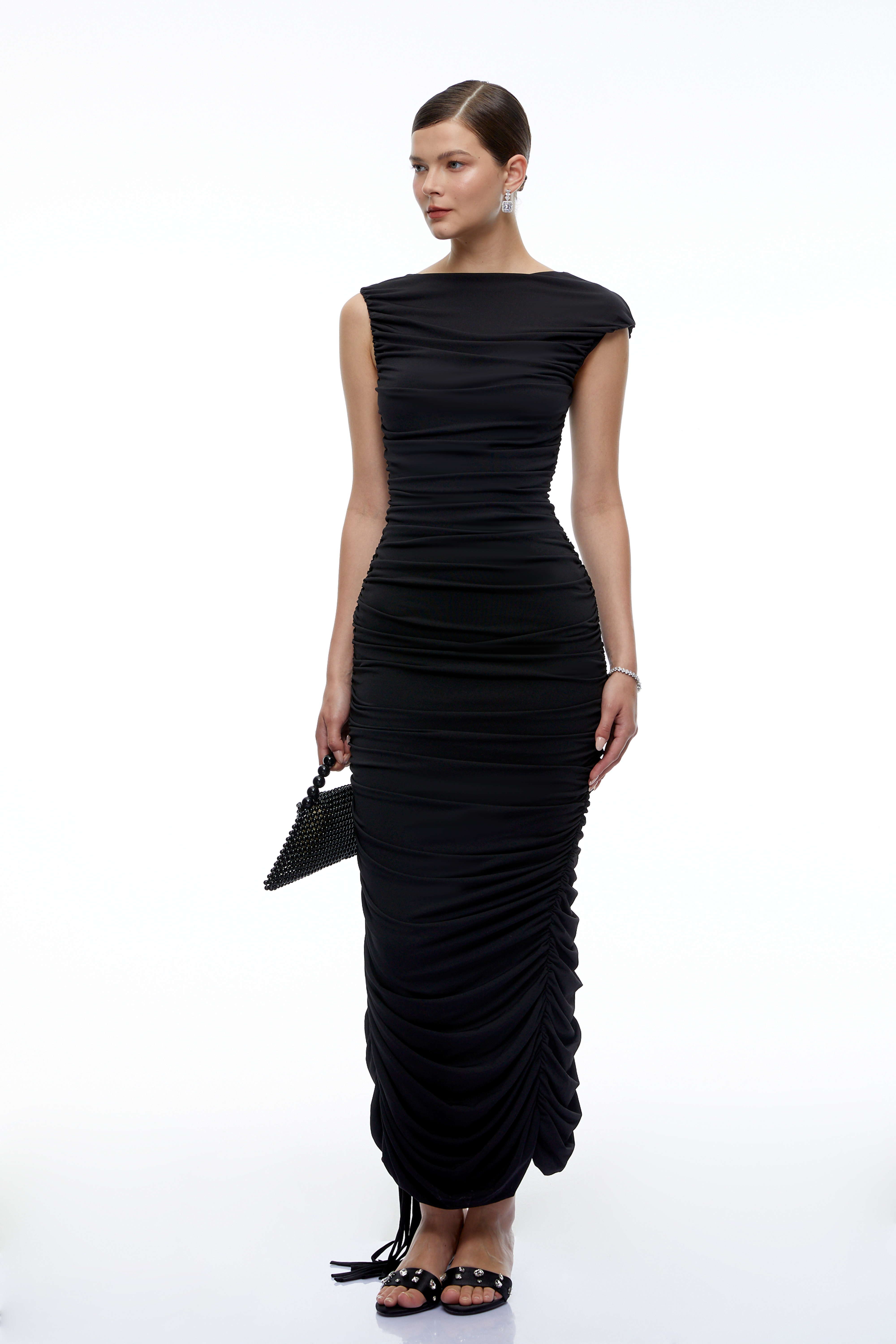 Arlette Black Asymmetric Shoulder Ruched Fringe Maxi Dress