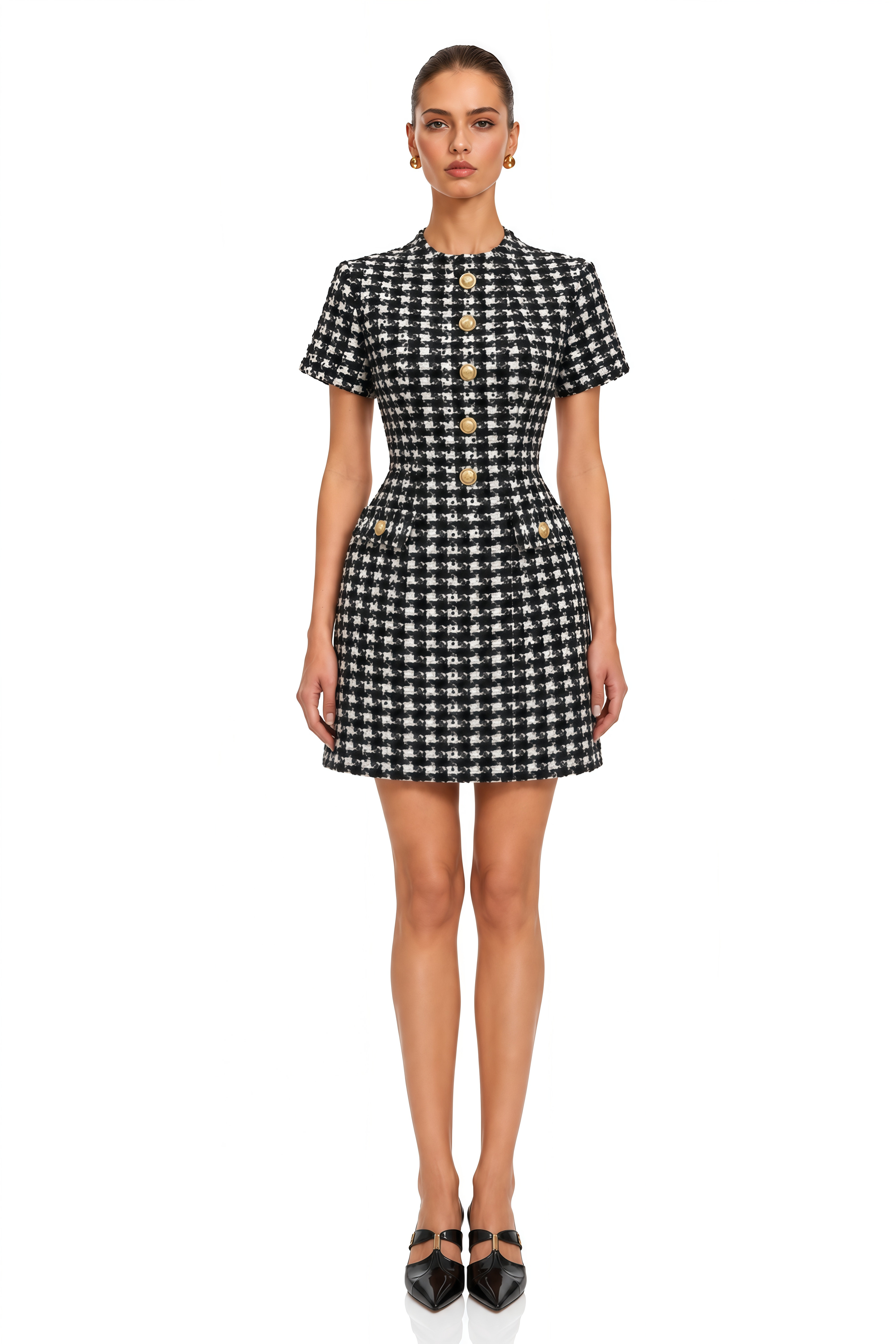 Arna Black Color Block Round Neck Tweed Mini Dress
