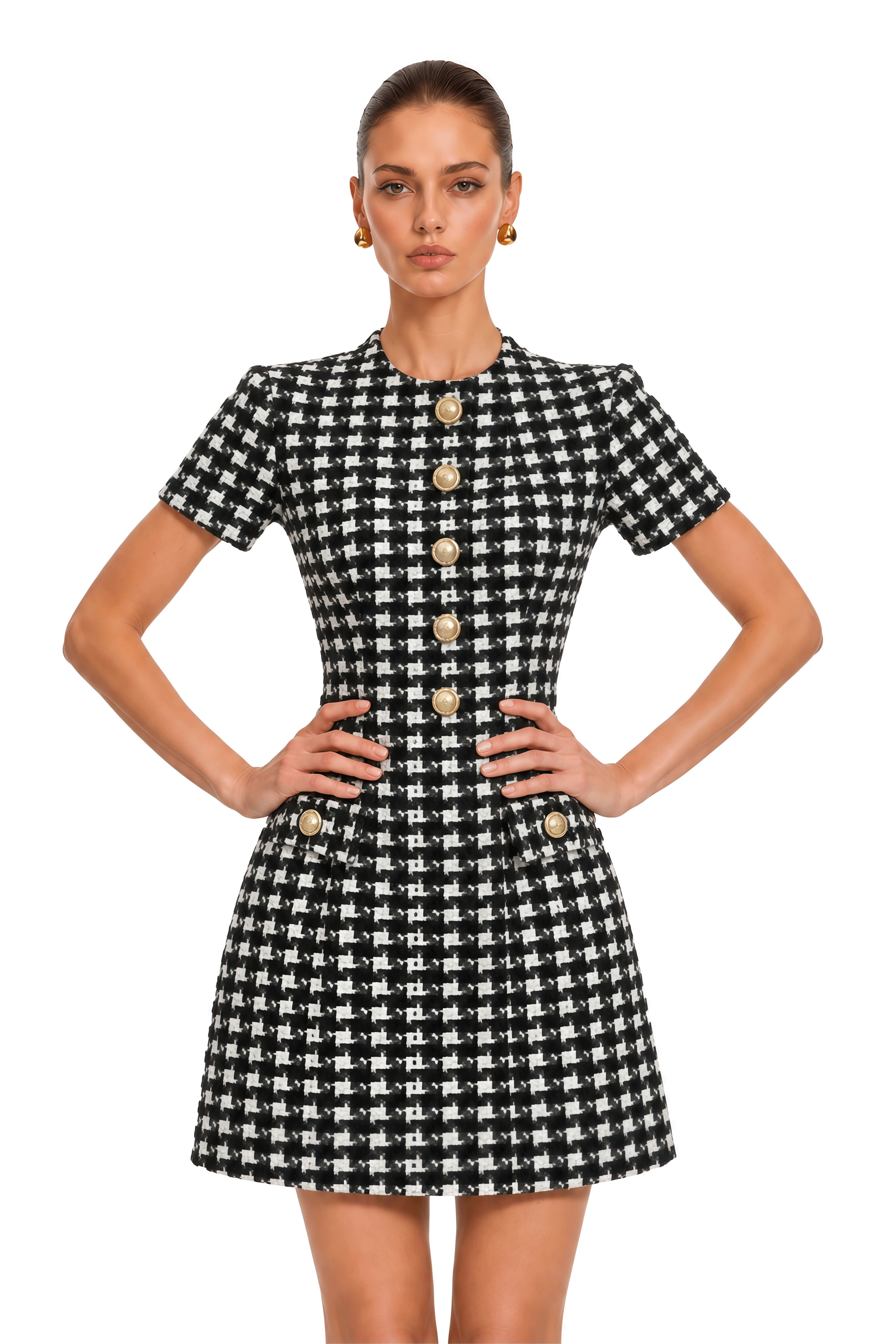 Arna Black Color Block Round Neck Tweed Mini Dress