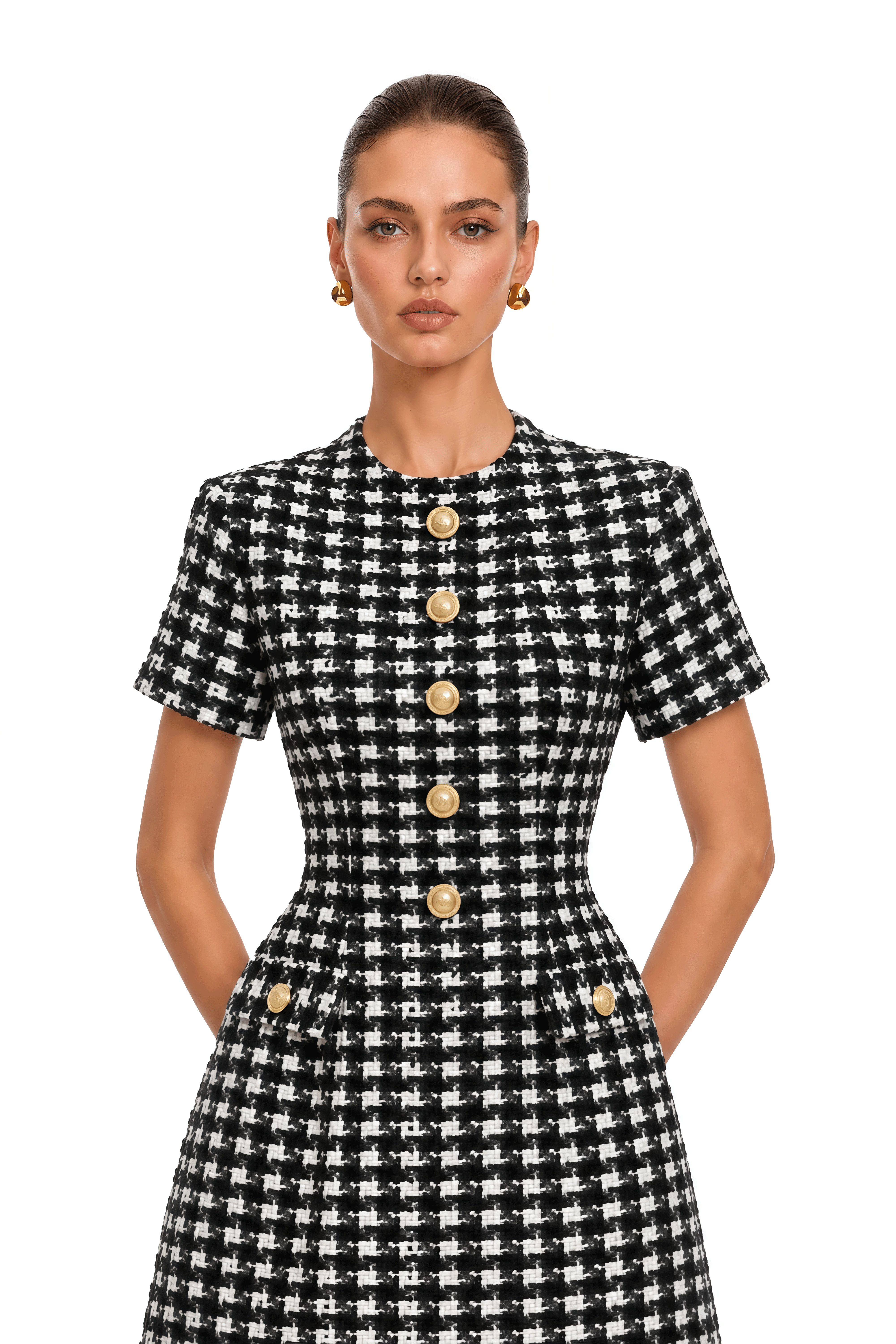 Arna Black Color Block Round Neck Tweed Mini Dress