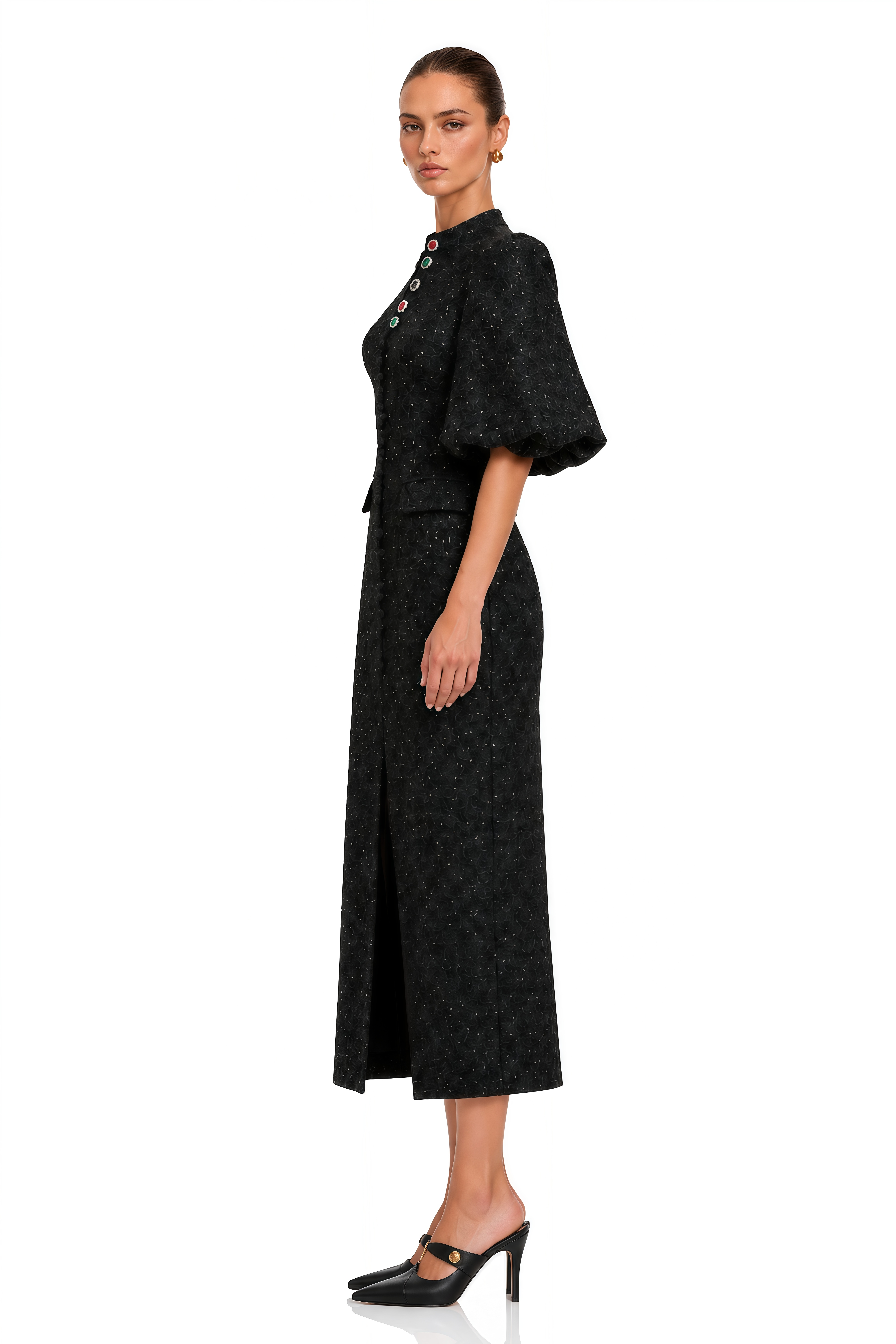 Arna Black Metallic Puff Sleeve Midi Dress