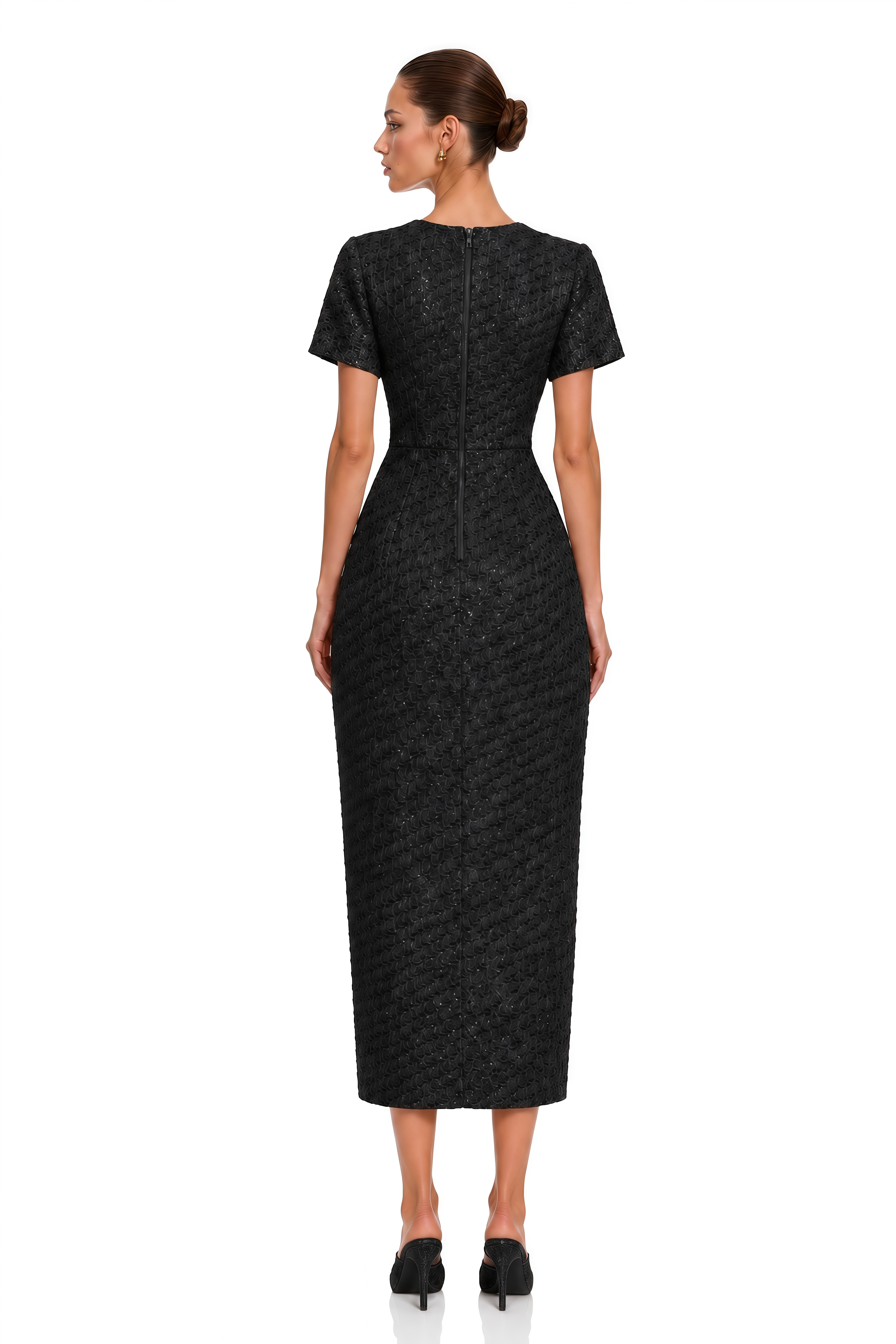 Arna Black Round Neck Tweed Midi Dress