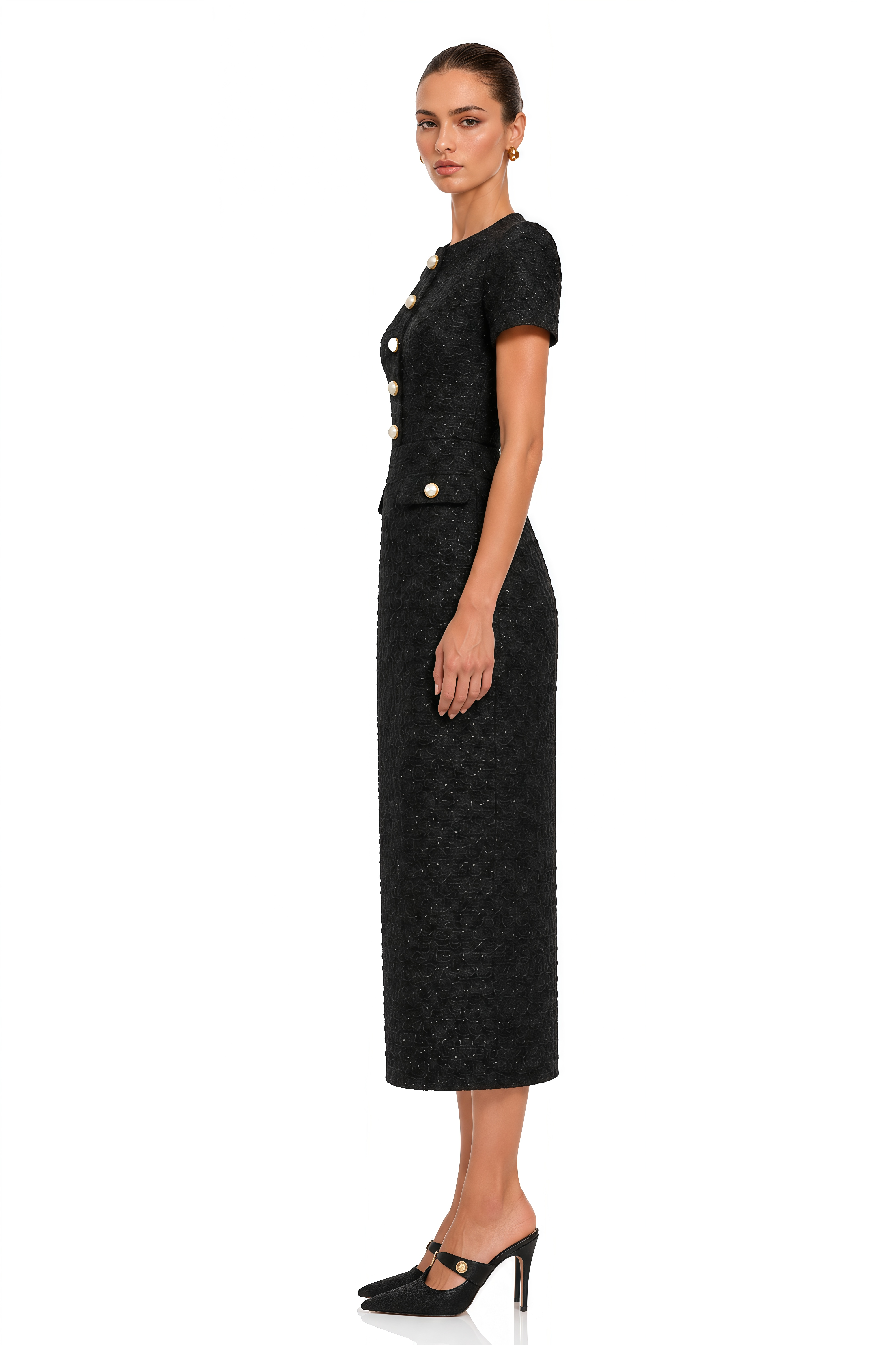 Arna Black Round Neck Tweed Midi Dress