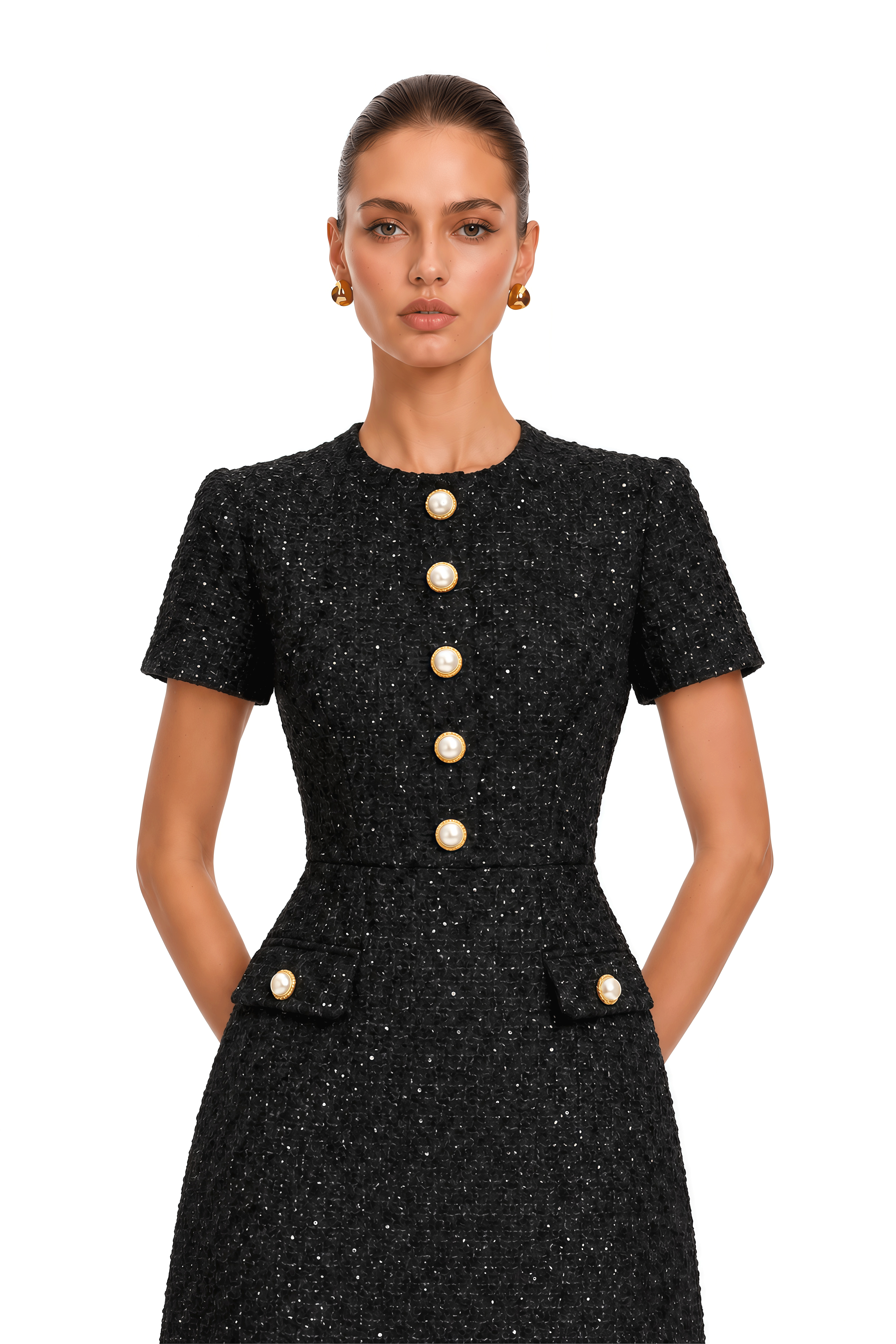 Arna Black Round Neck Tweed Midi Dress