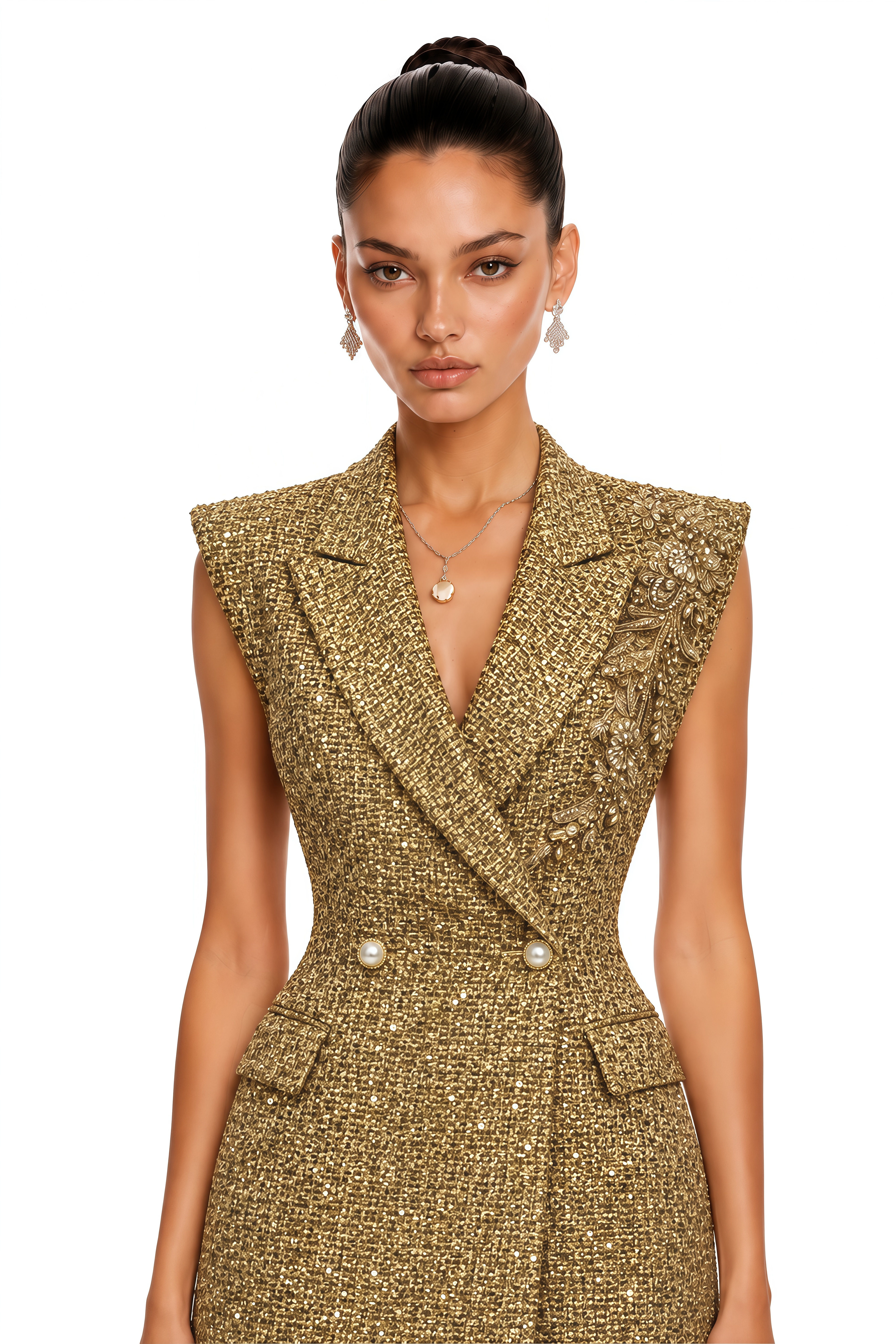 Arna Gold Embellished Blazer Midi Dress