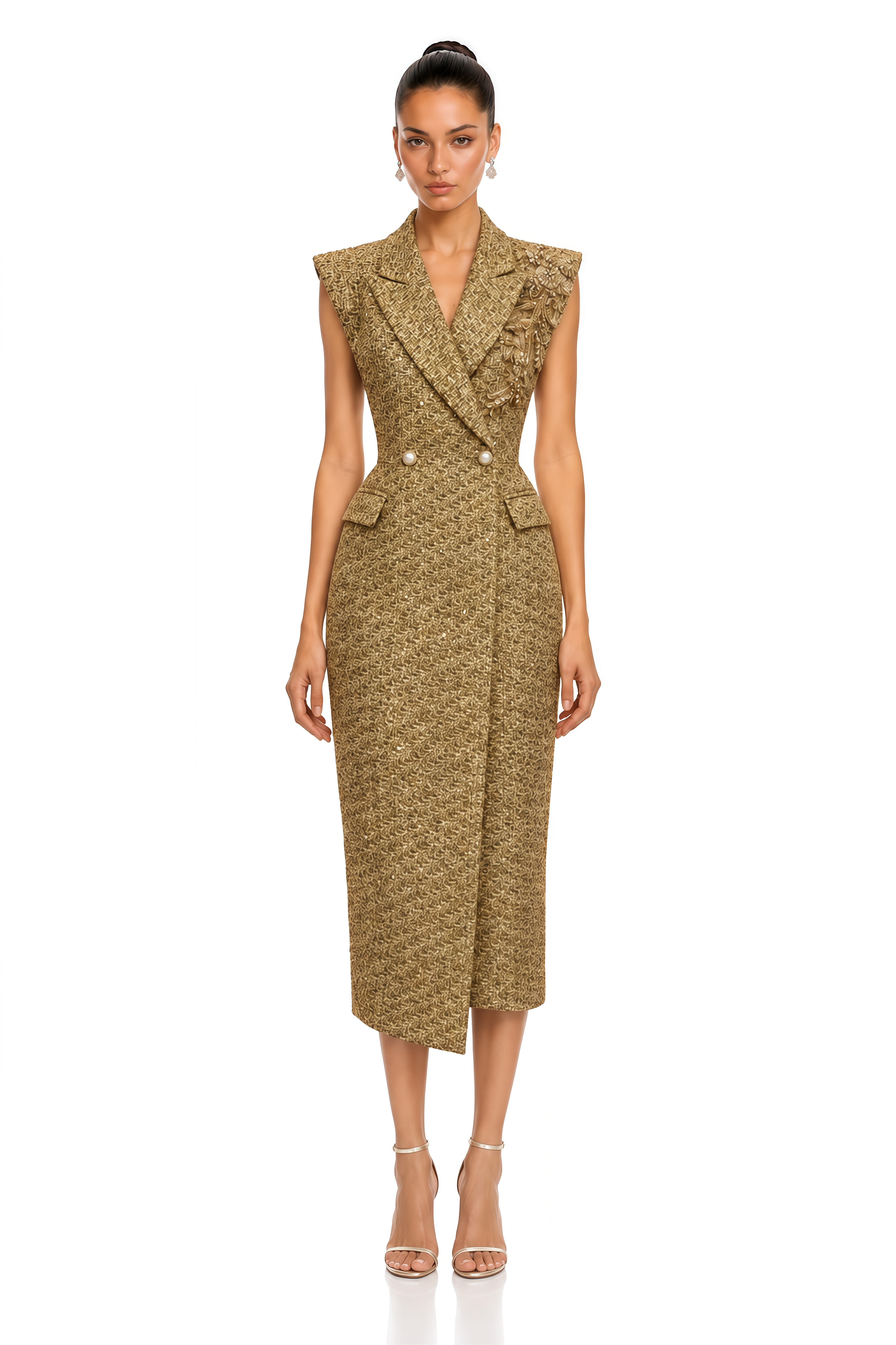 Arna Gold Embellished Blazer Midi Dress