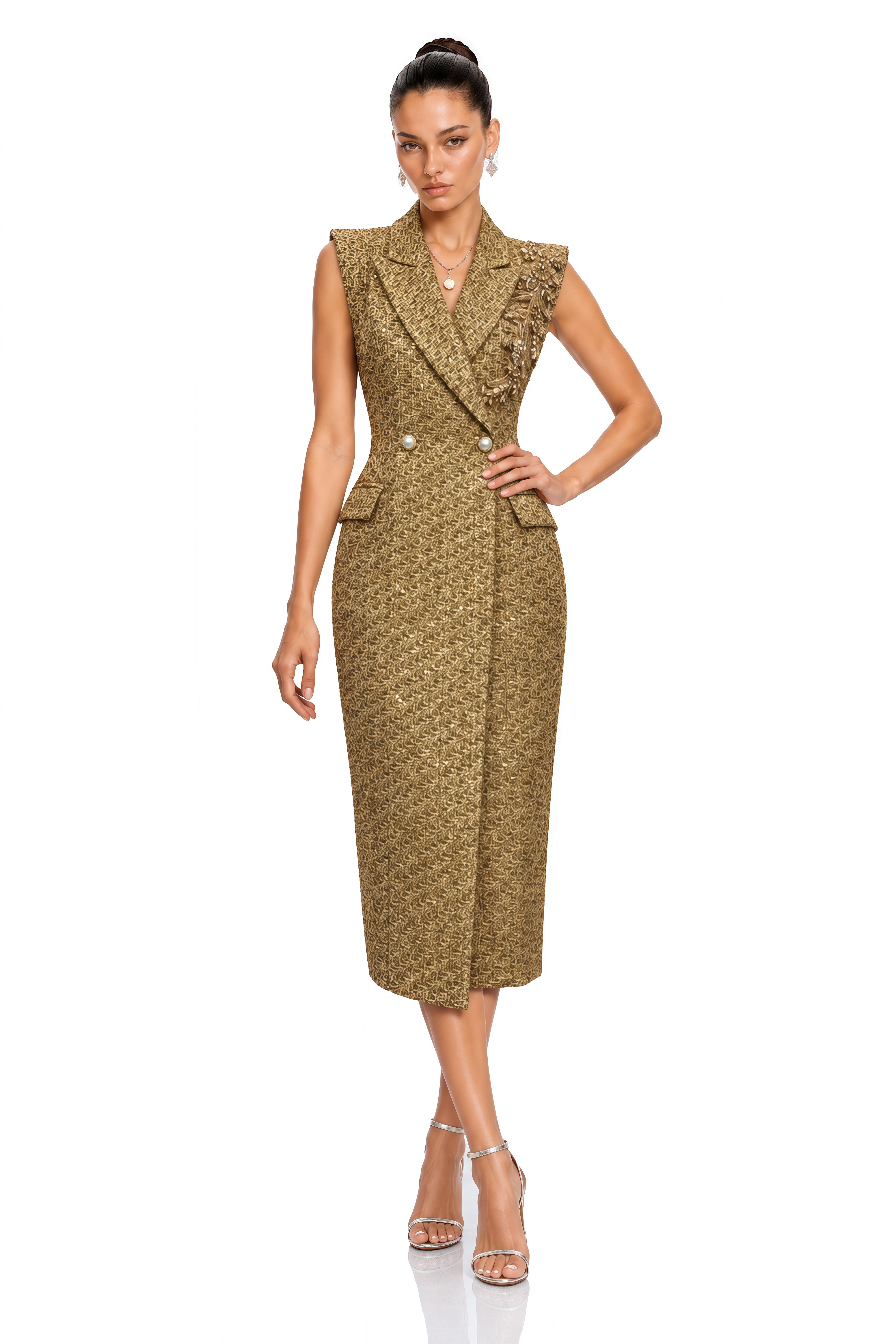 Arna Gold Embellished Blazer Midi Dress