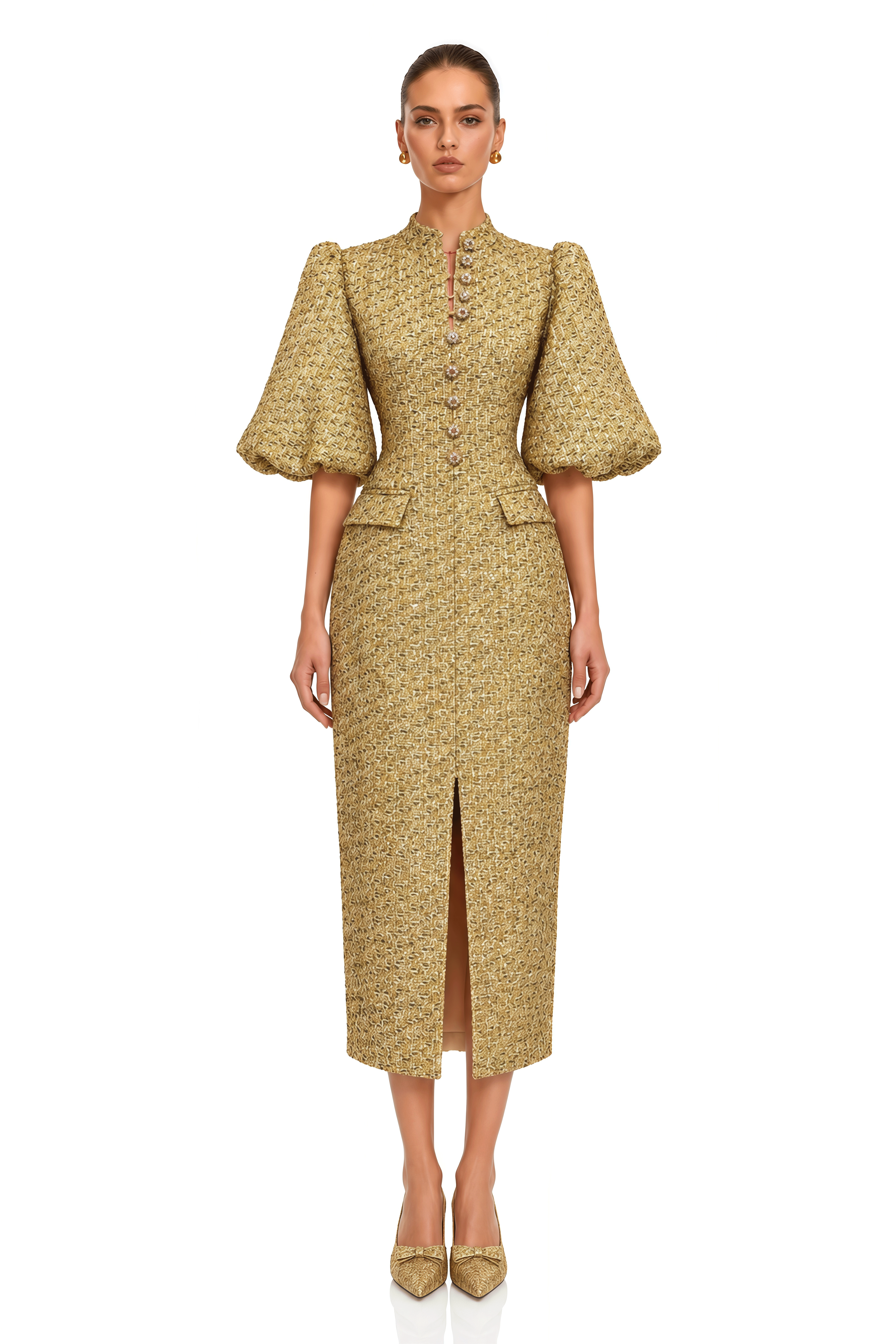 Arna Gold Metallic Puff Sleeve Midi Dress