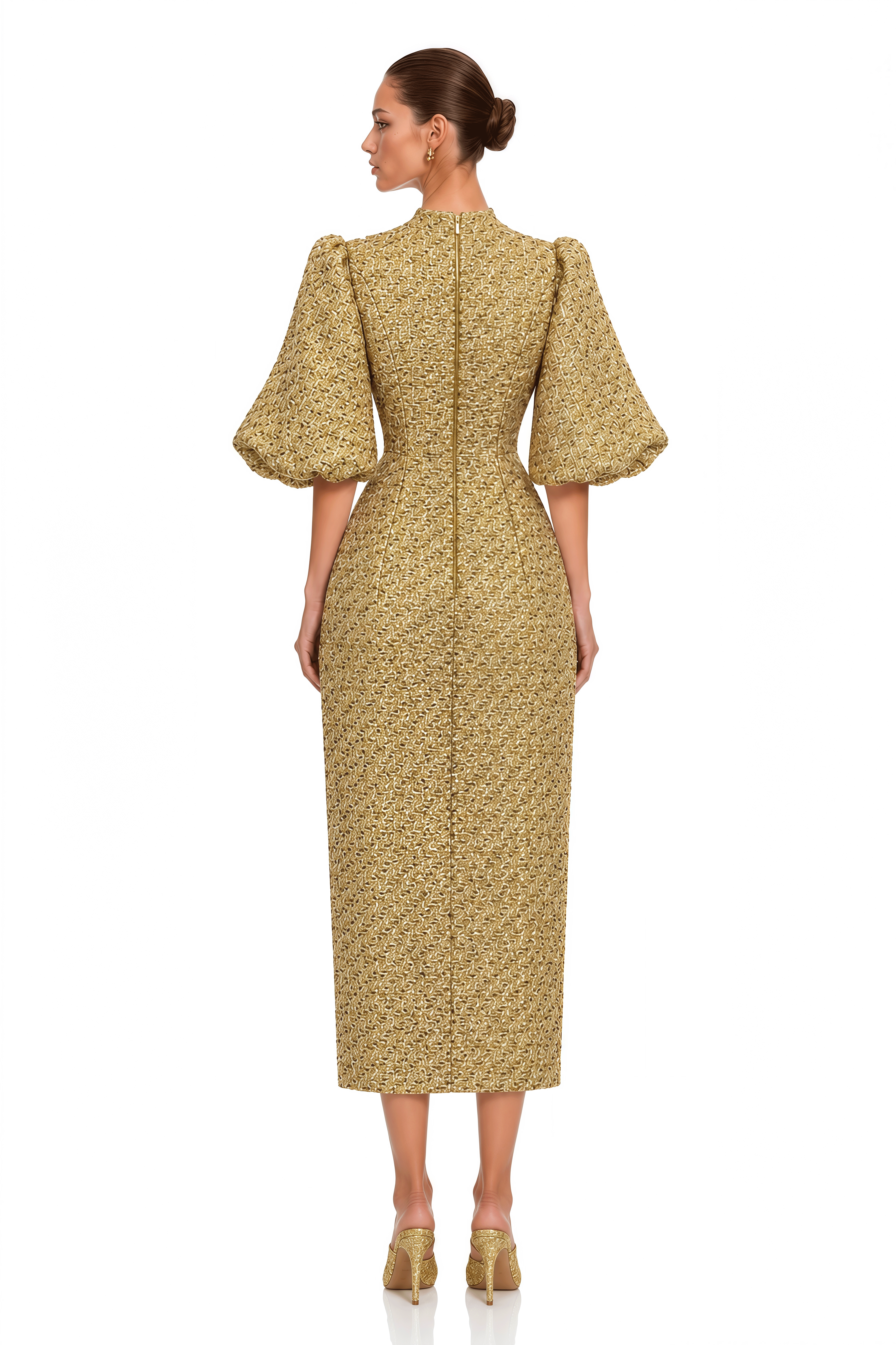 Arna Gold Metallic Puff Sleeve Midi Dress
