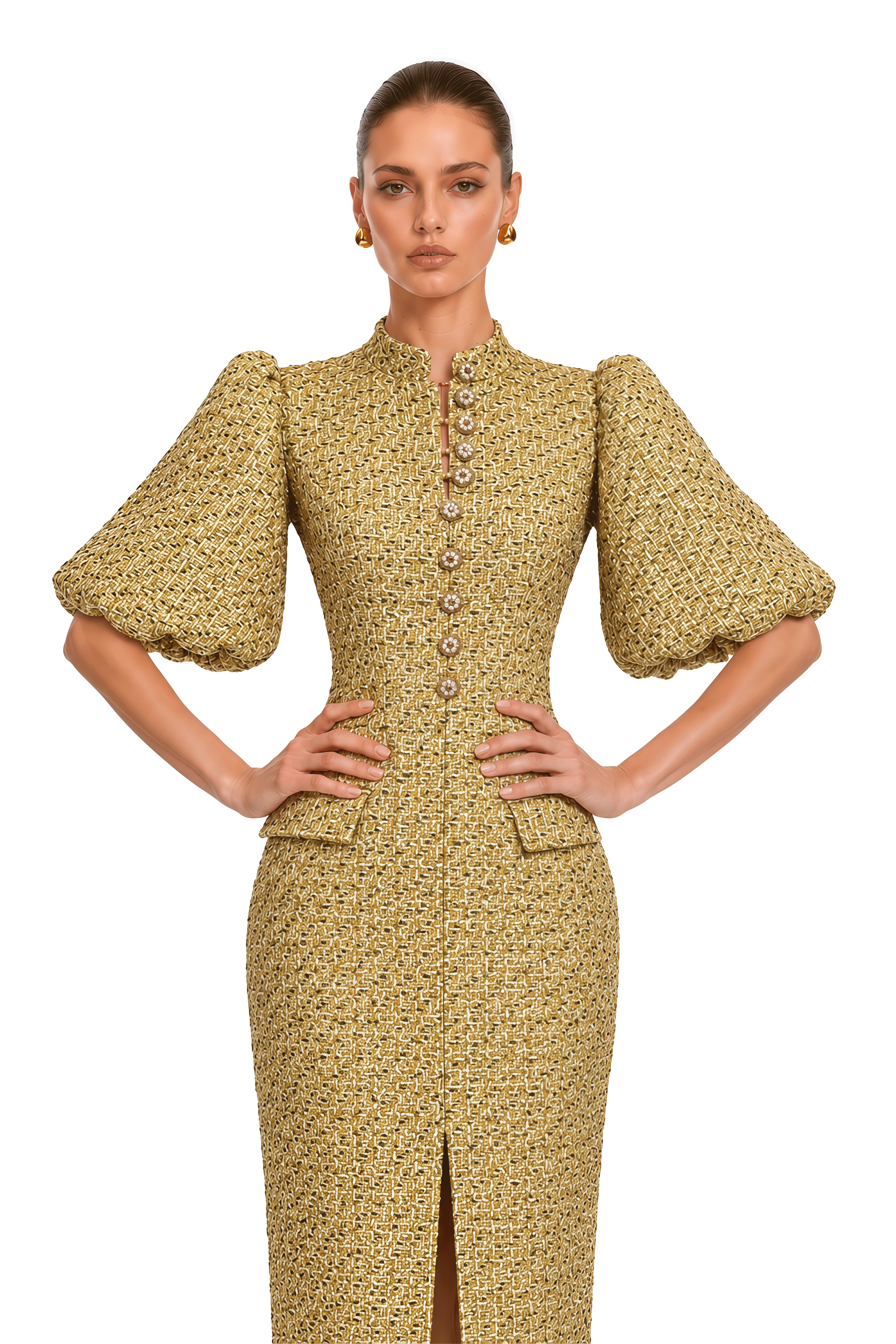 Arna Gold Metallic Puff Sleeve Midi Dress