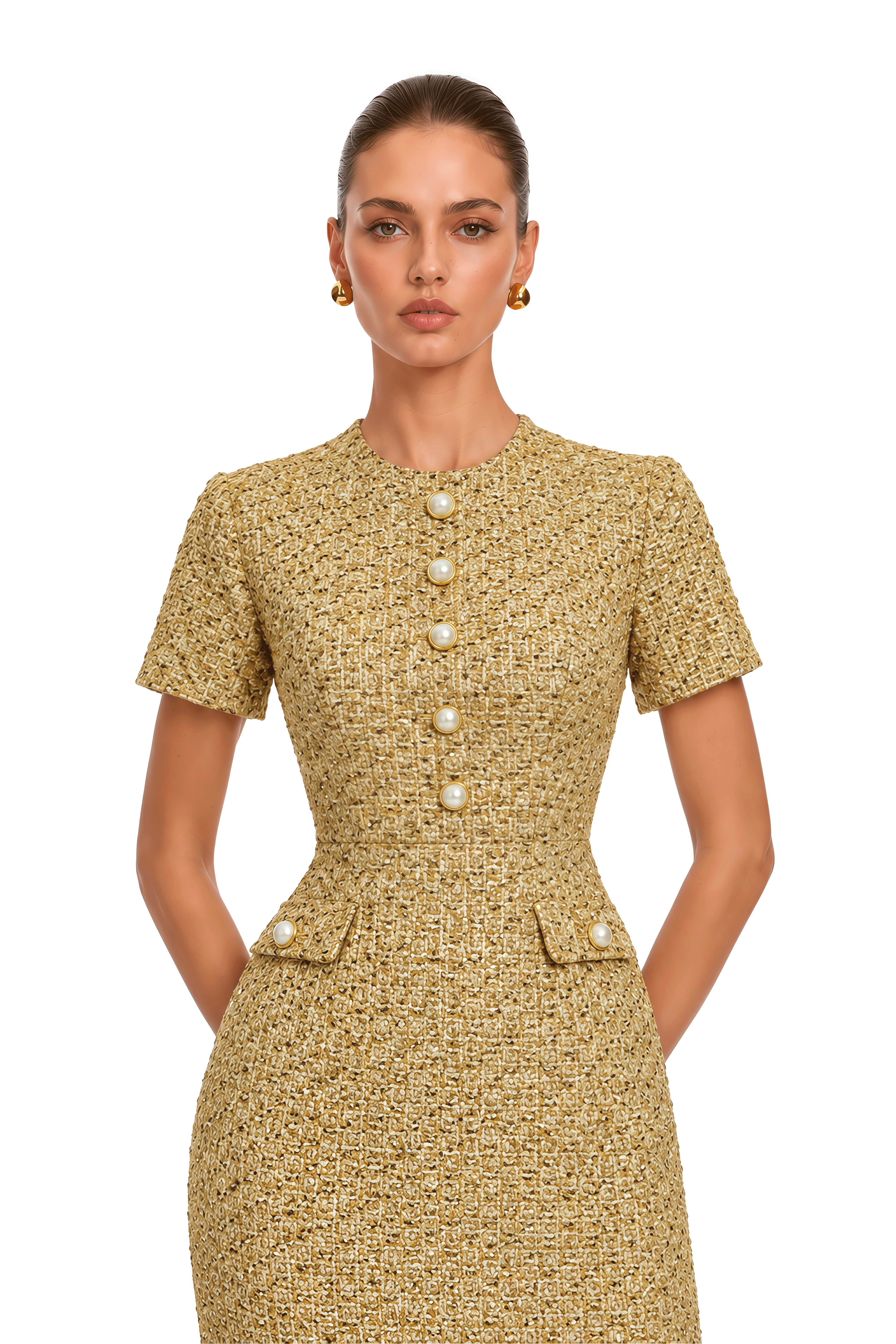 Arna Gold Square Neck Tweed Midi Dress