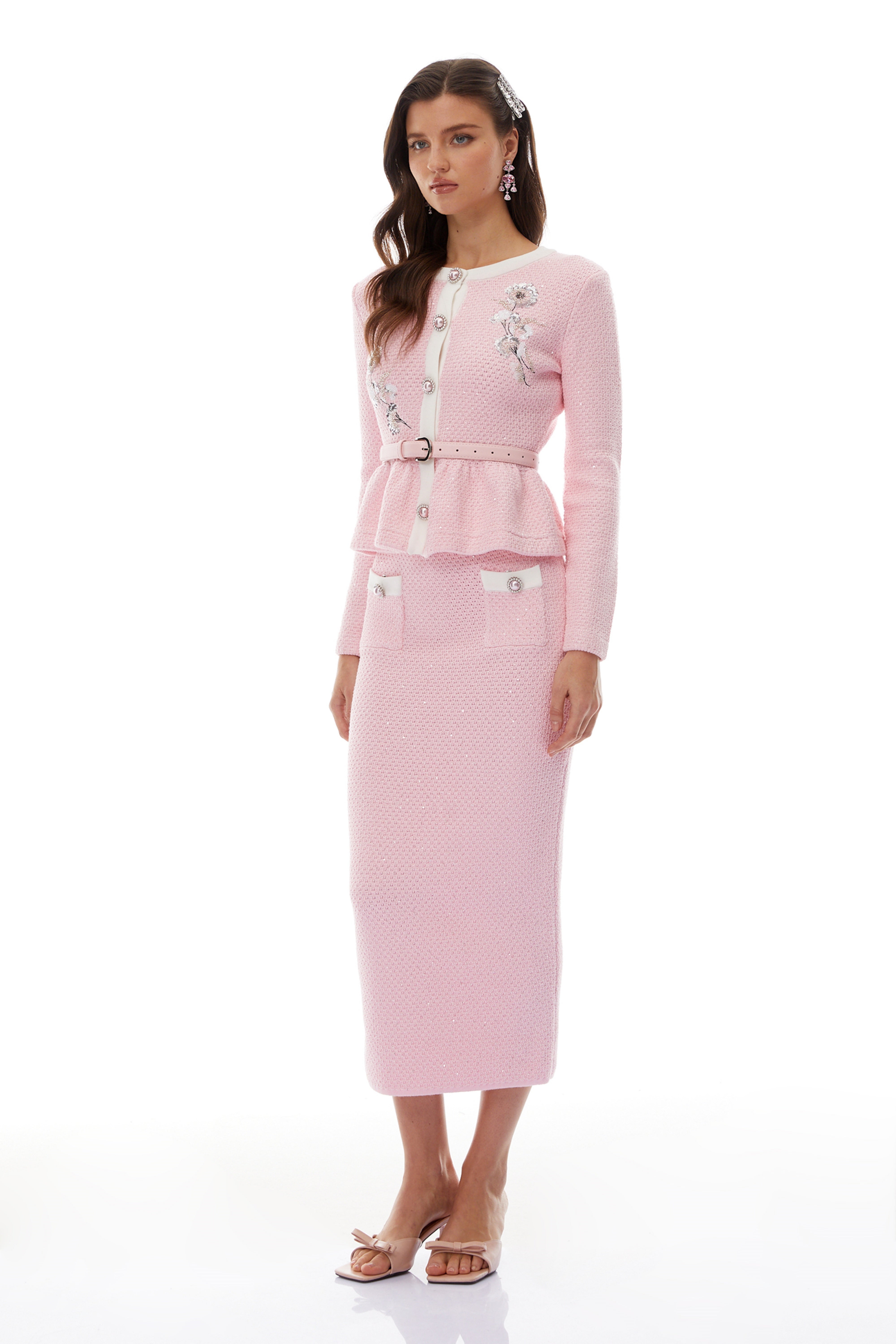 Pink Sequined Knit Cardigan & Skirt Set
