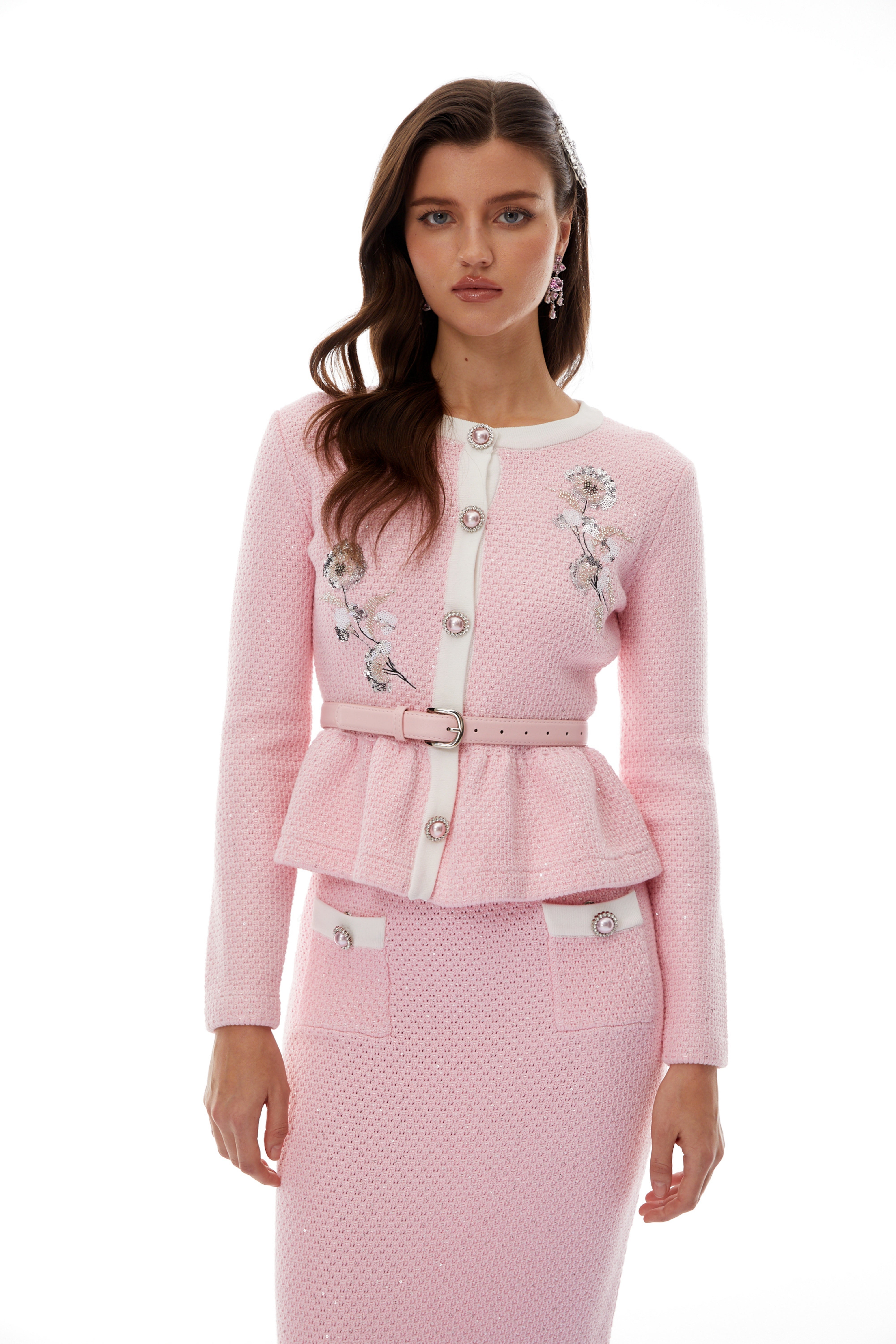 Pink Sequined Knit Cardigan & Skirt Set