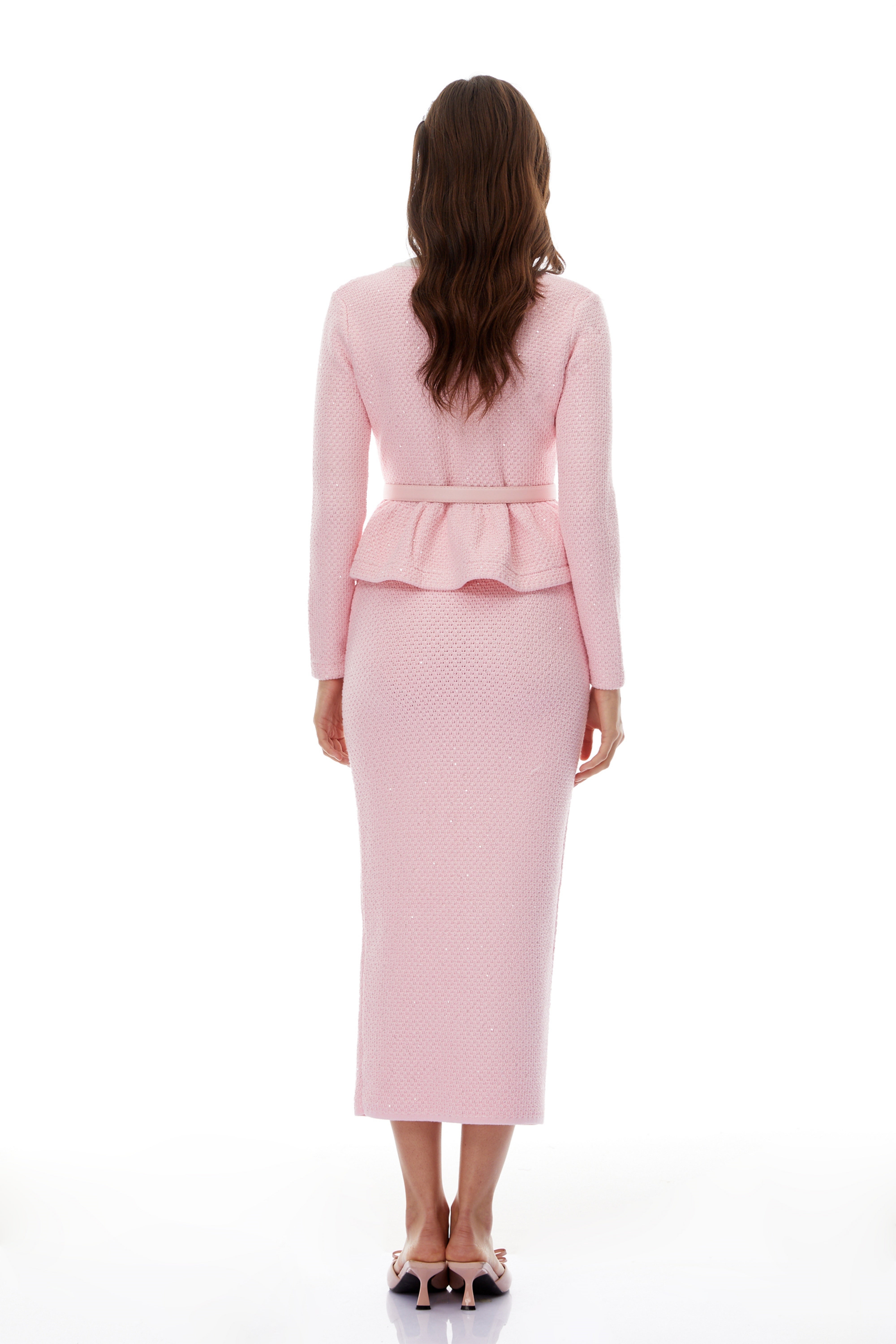 Pink Sequined Knit Cardigan & Skirt Set