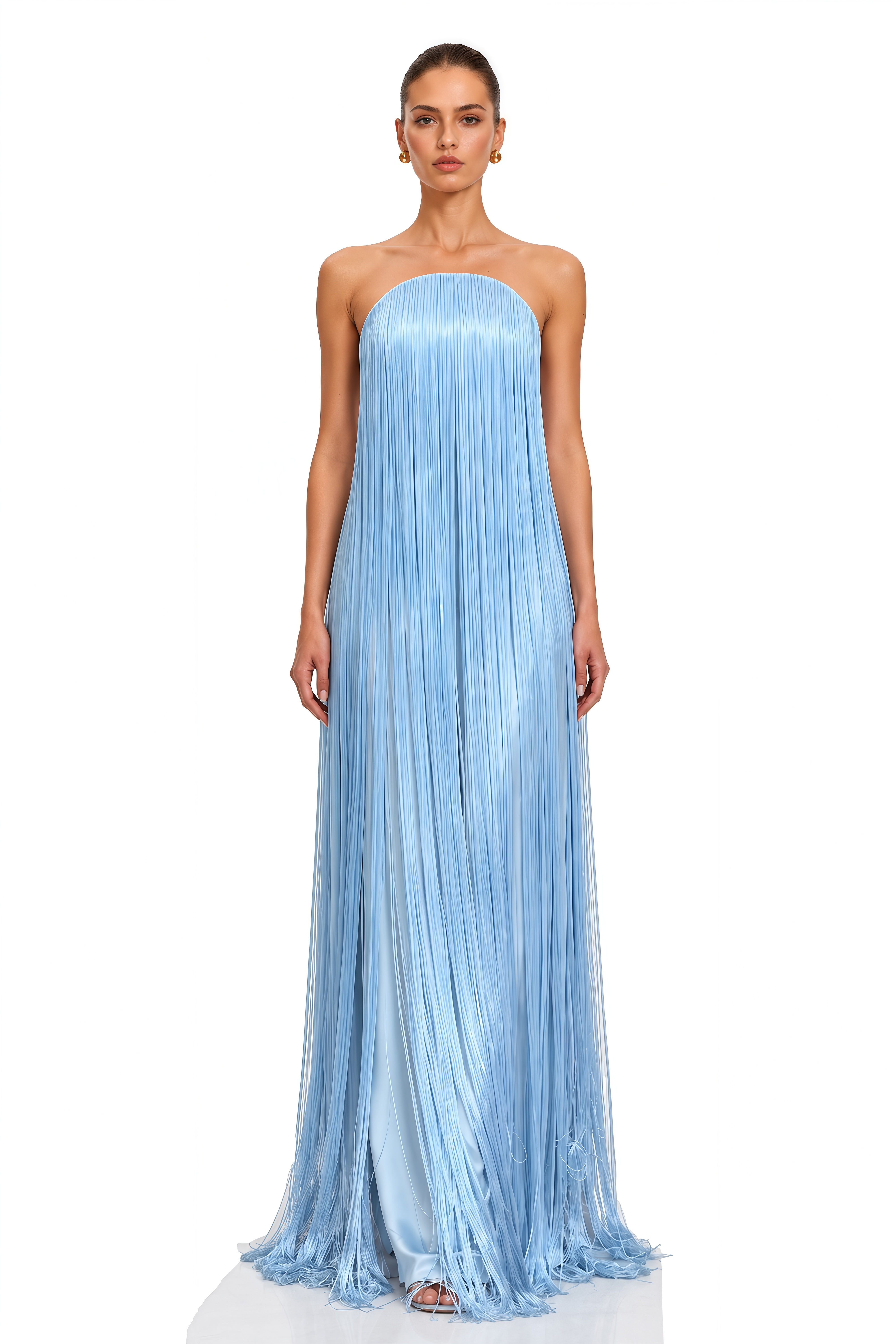 Asteria Ice Blue Strapless Fringe Maxi Dress