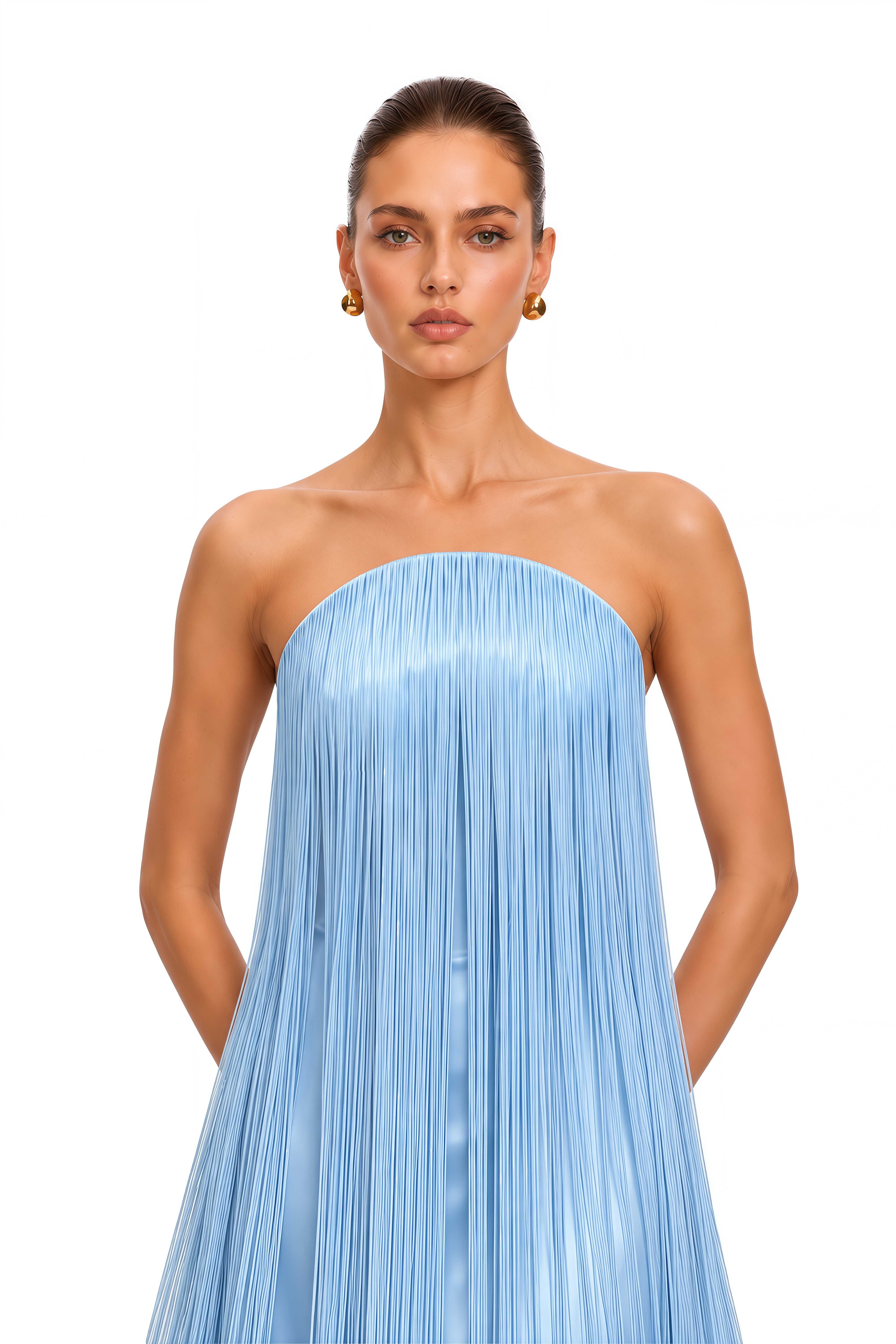 Asteria Ice Blue Strapless Fringe Maxi Dress