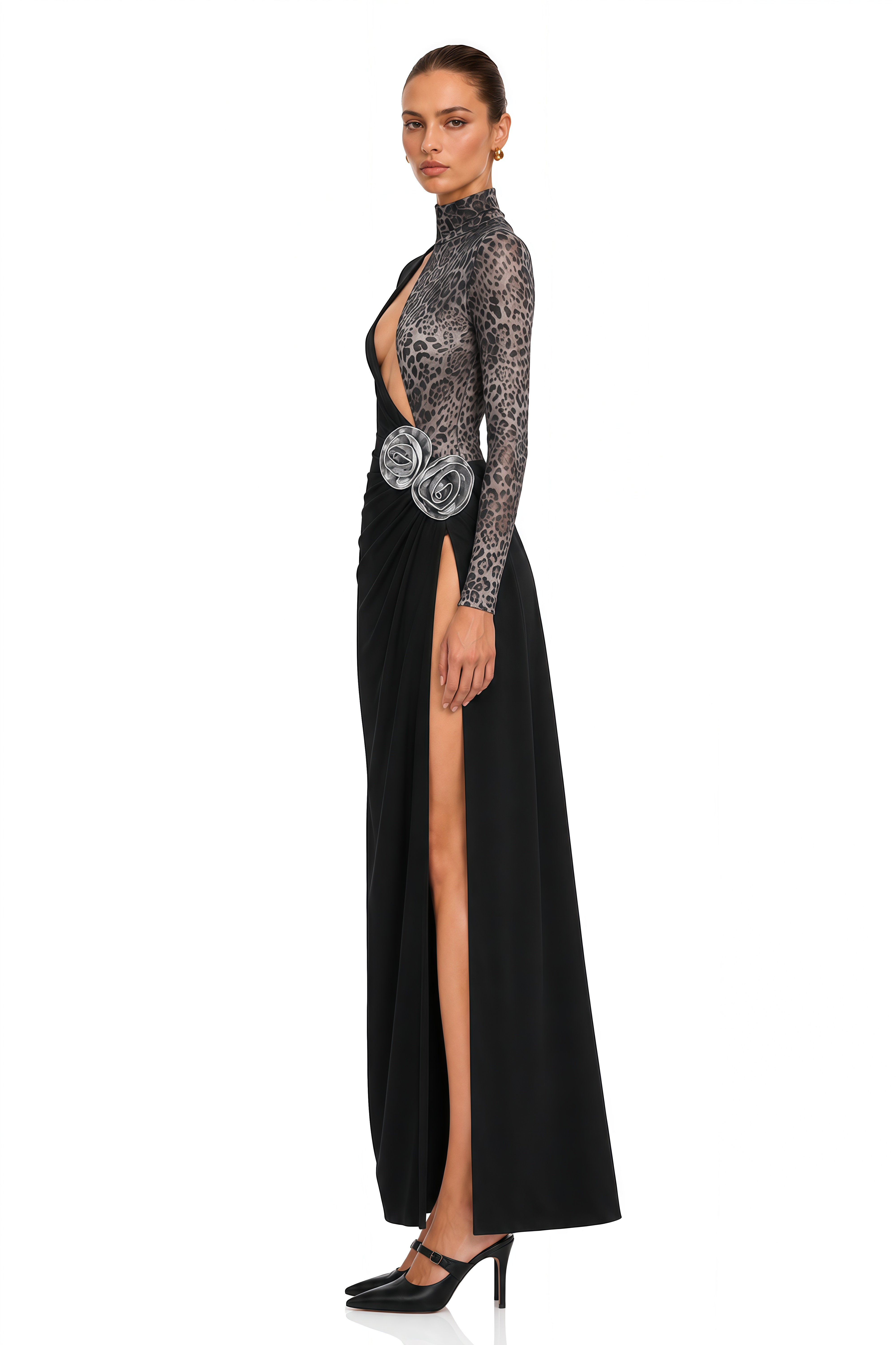 Astoria Black Leopard Print Floral Applique Maxi Dress
