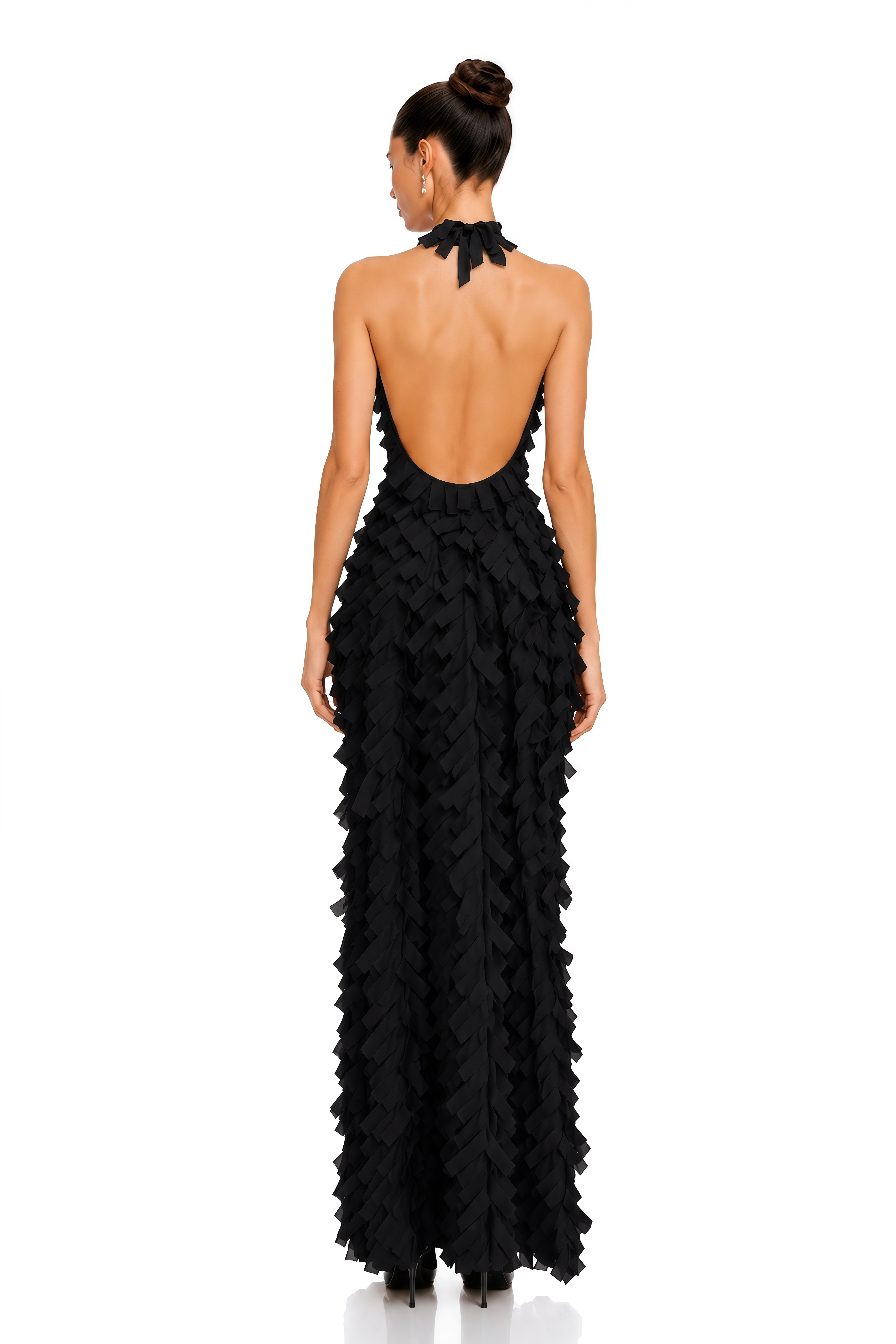Astrid  Black 3D Textured Ribbon Halter Maxi Dress