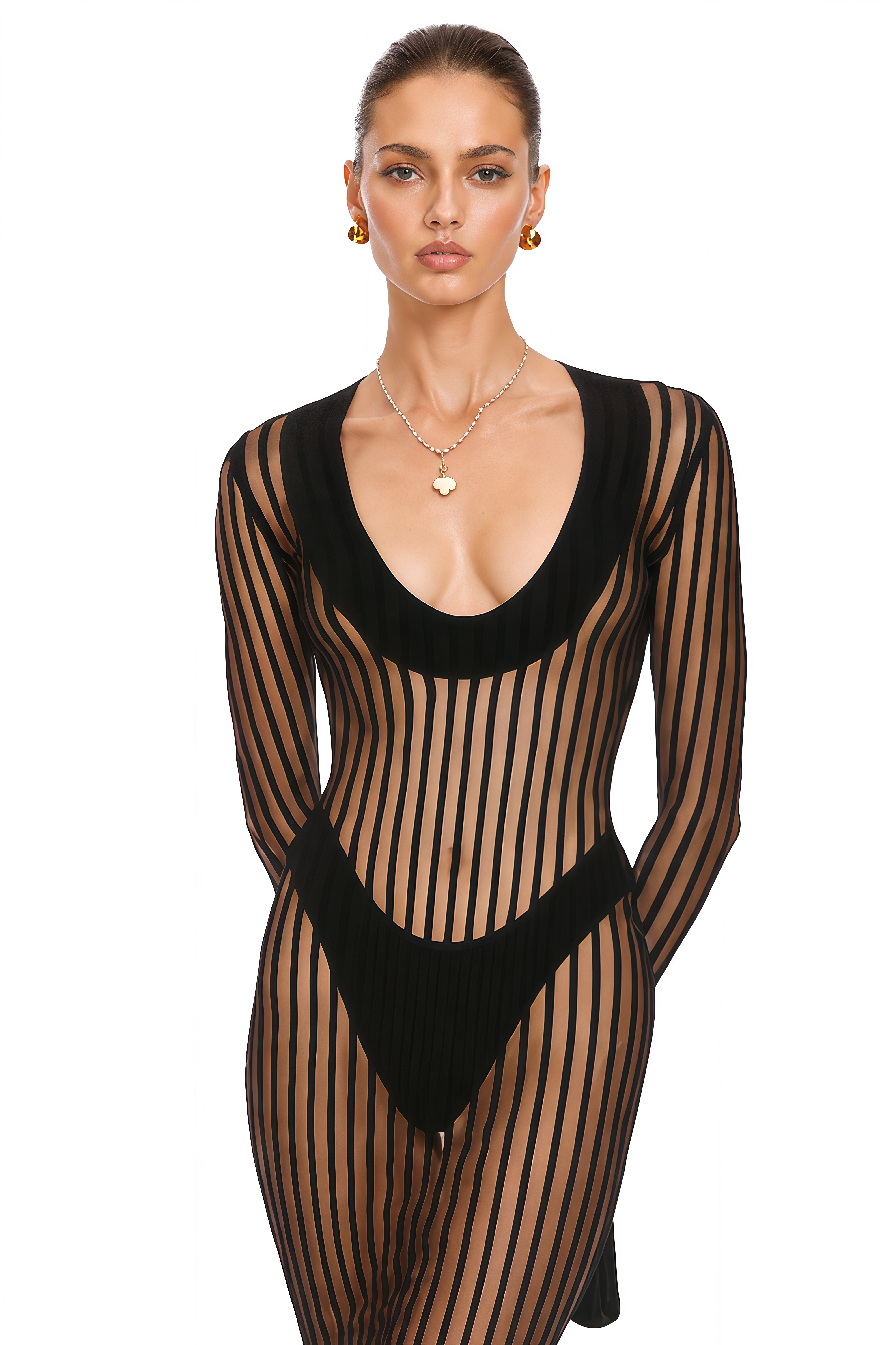 Audrey Black Sheer Striped Long Sleeve Maxi Dress
