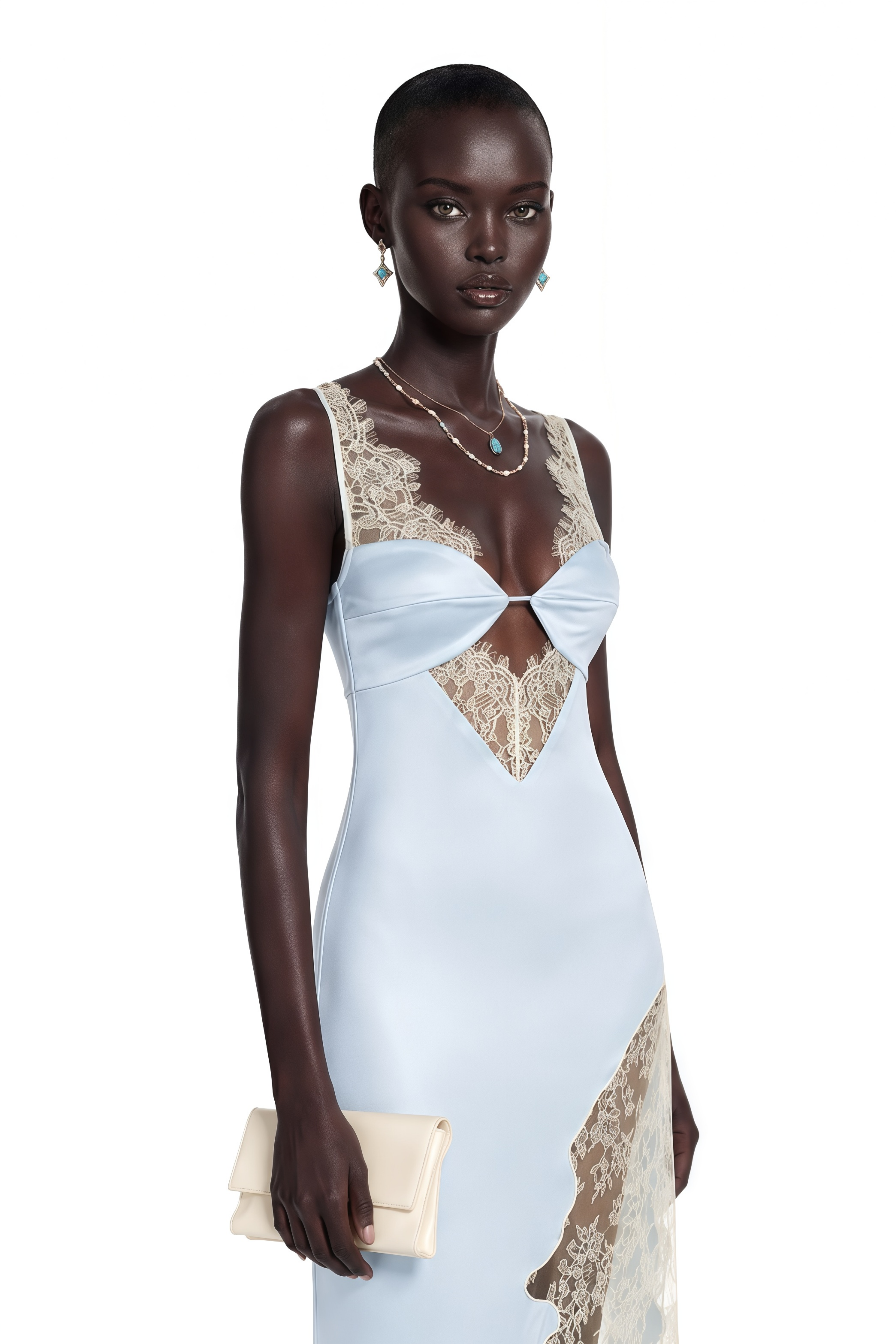 Aurelia Ice Blue Satin Lace-Panelled Cut-Out Maxi Dress