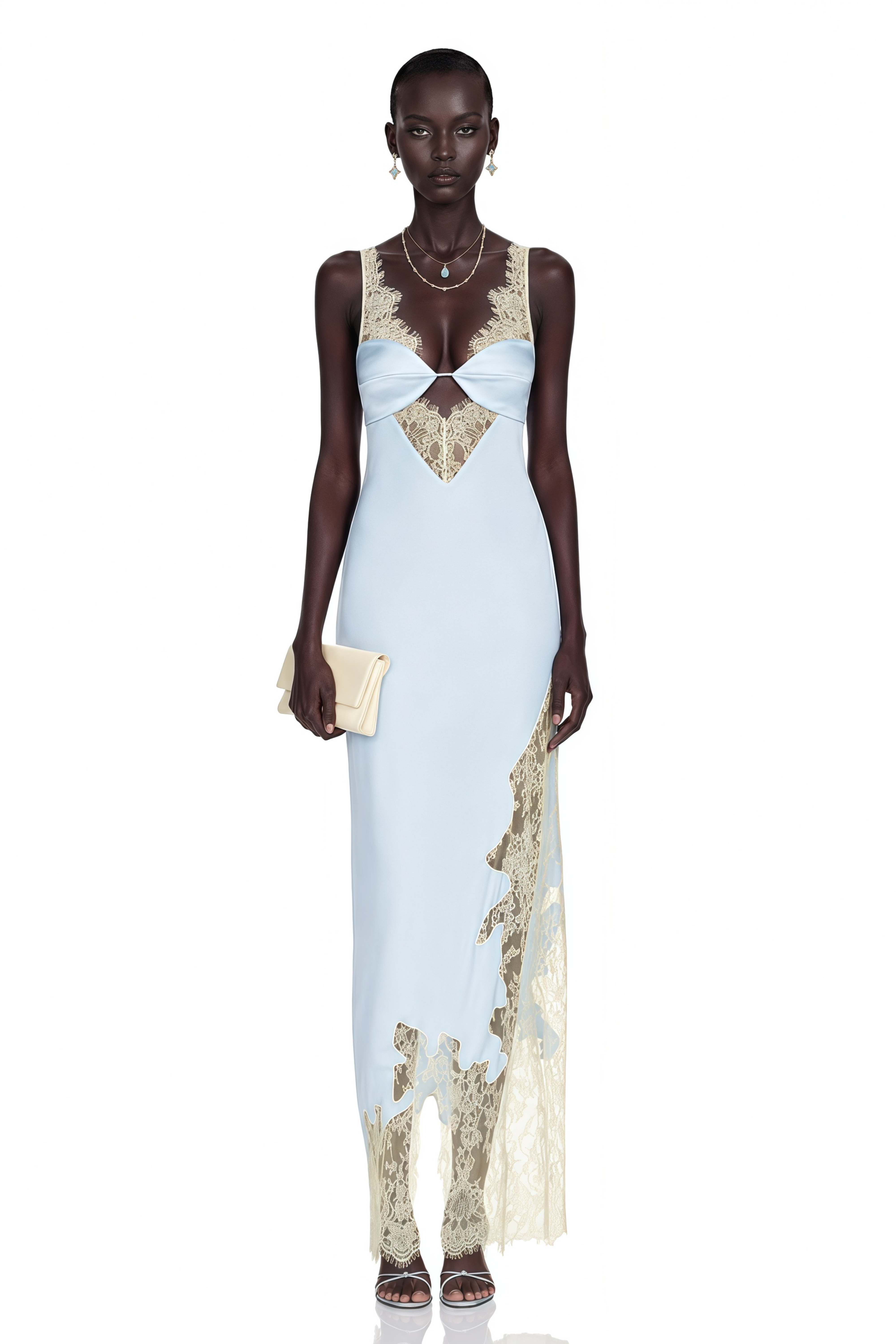 Aurelia Ice Blue Satin Lace-Panelled Cut-Out Maxi Dress