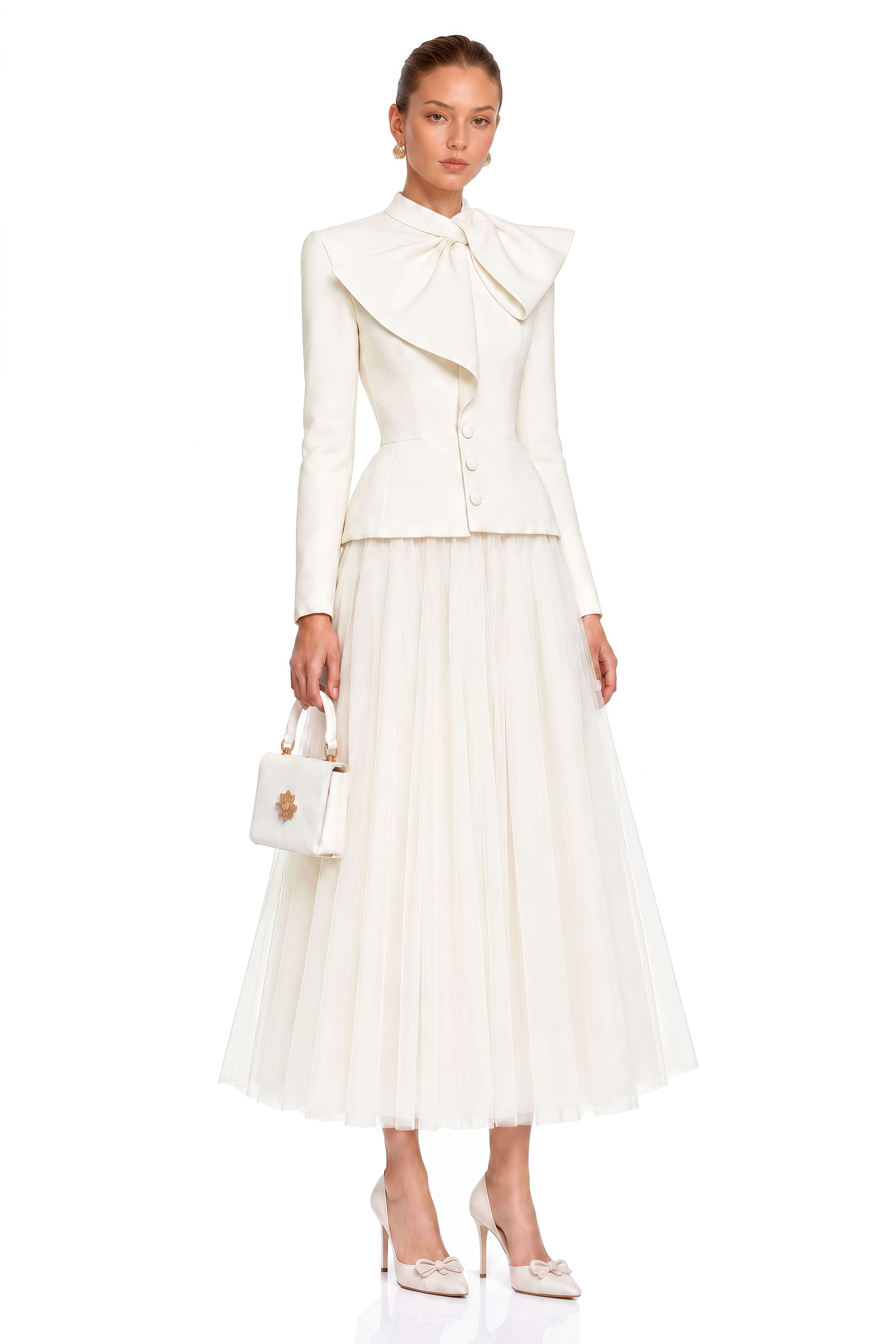 Aurelia White Bow Collar Jacket & Tulle Skirt Set