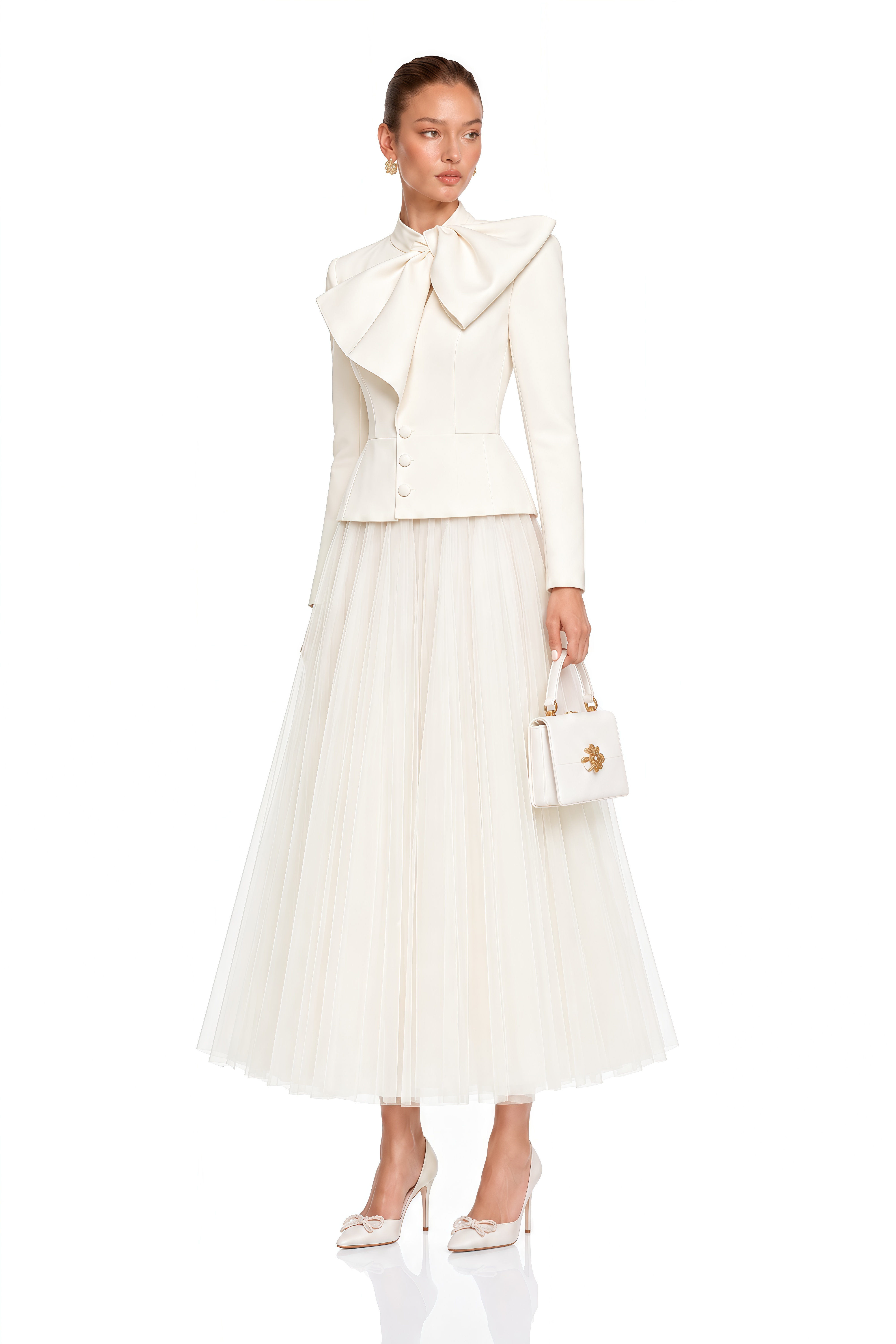 Aurelia White Bow Collar Jacket & Tulle Skirt Set
