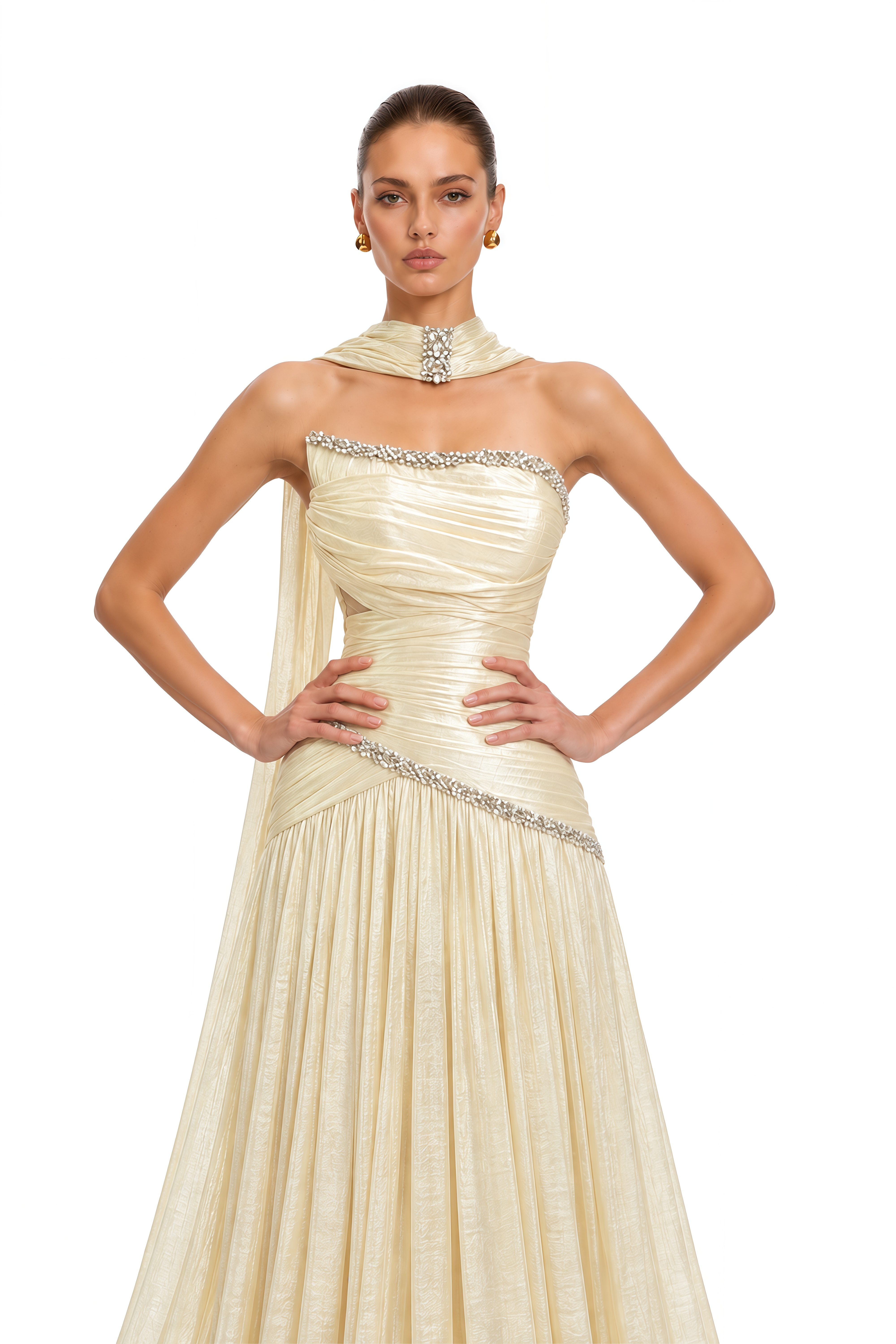 Aurelia Yellow Shimmer Crystal-Embellished Ruched Maxi Dress